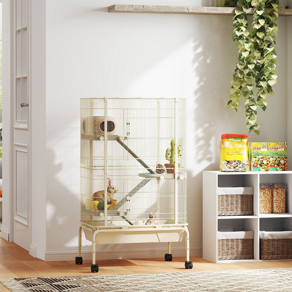 47" Small Animal Cage, 4 Levels Large Rolling Metal Ferret Cage w/ 5.9" Deep Tray, Ramps, Water Bottle, Food Dish, Beige