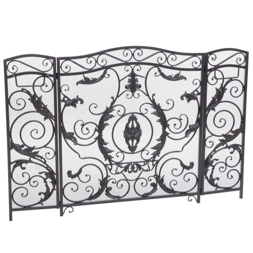 Retro style Fireplace Screen with Ornate Floral Iron Design and Three-Panel, No Assembly Required, 53.5" L x 2" W x 36.5" H, Black+Silver