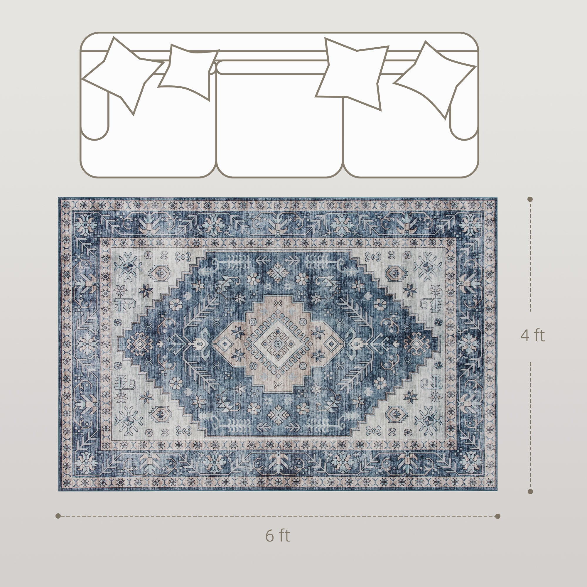 4x6 Area Rug, Vintage Washable Rug, Non-Slip Floor Carpet for Living Room, Bedroom, Dining Room, Blue