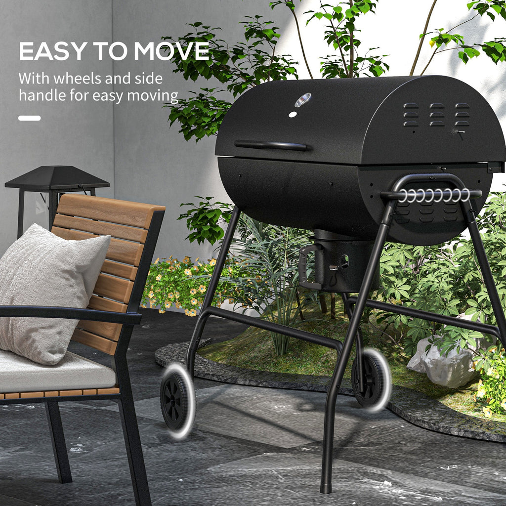 Barrel Charcoal BBQ Grill, Barbecue with 420 sq.in. Cooking Area, Wheels, Ash Catcher, Black