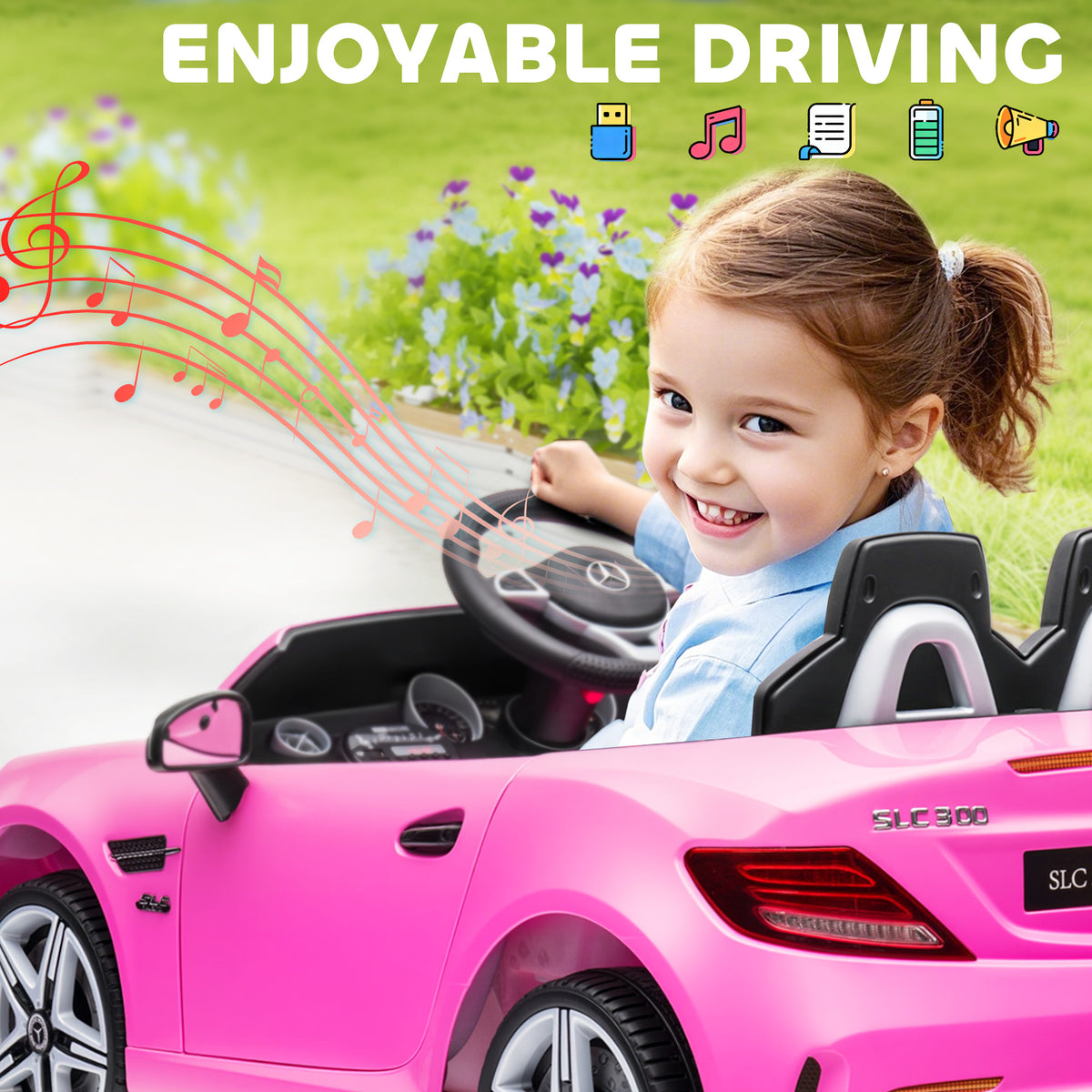 SLC 300 Licensed 12V Ride On Car for Kids with Remote Control, 2 Speeds, Battery Powered Kids Electric Car with Music, Lights, Suspension for 3-6 Years Old, Pink