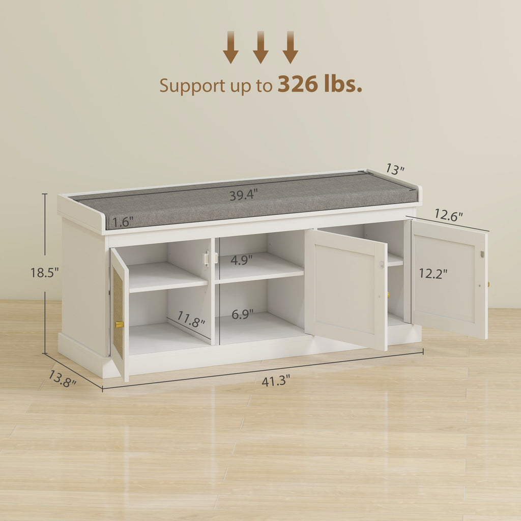 Shoe Storage Bench with Woven Rattan Doors, Shoe Bench with Cushion, Adjustable Shelves, Entryway Bench, White