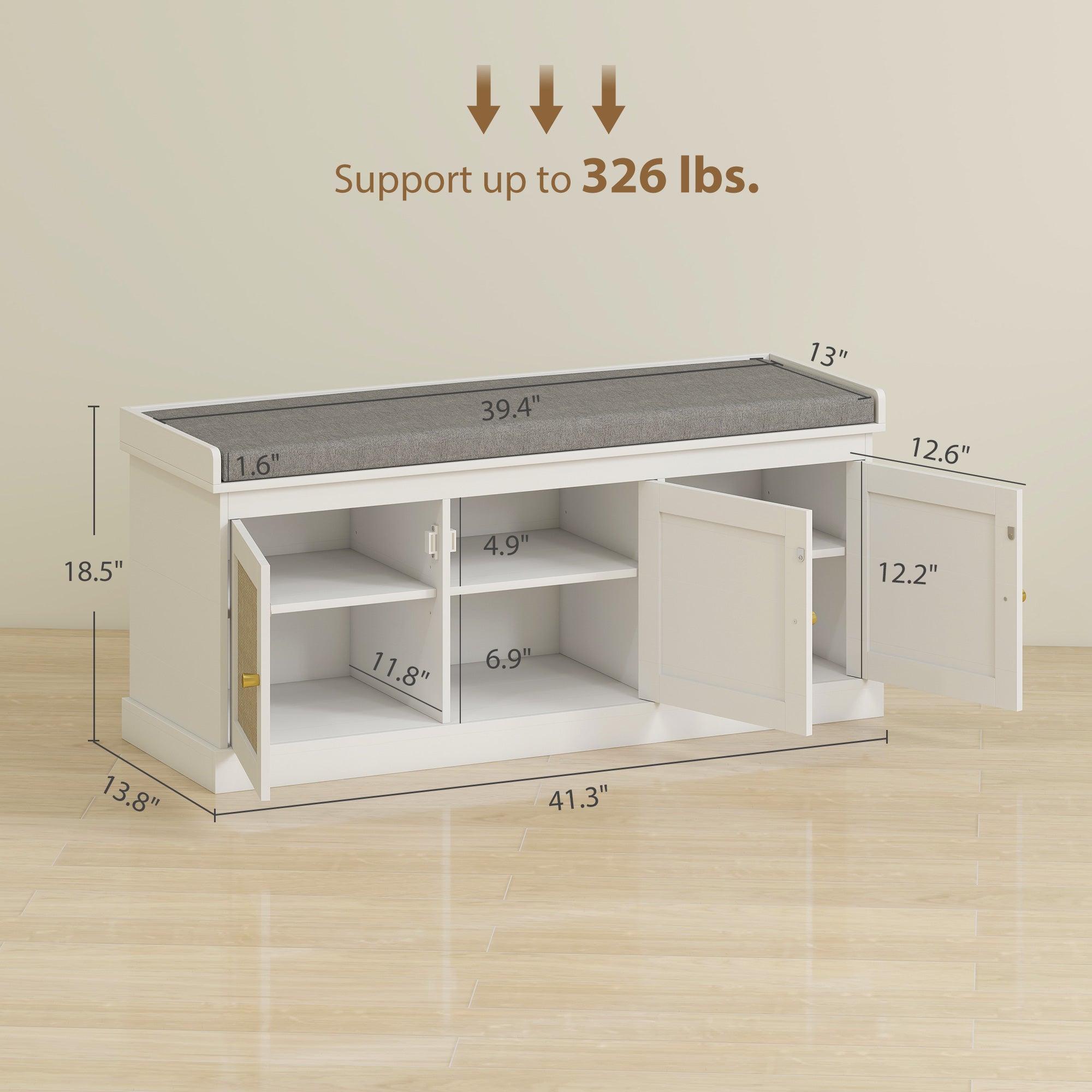 Shoe Storage Bench with Woven Rattan Doors, Shoe Bench with Cushion, Adjustable Shelves, Entryway Bench, White