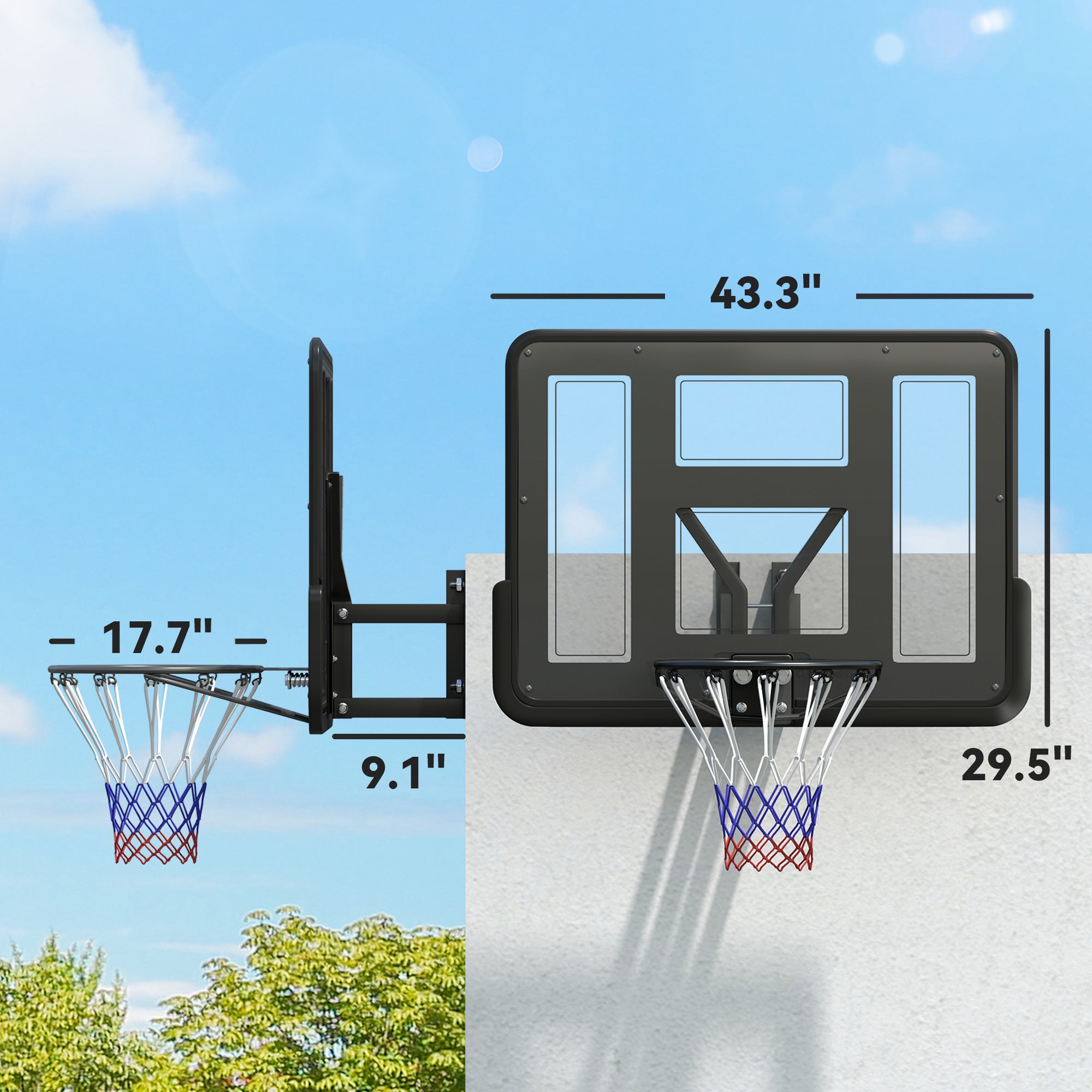 Wall Mounted Basketball Hoop, Basketball Goal Combo Kit with 43" Reinforced Shatter Resistant Backboard and All Weather Net for Indoor or Outdoor Use