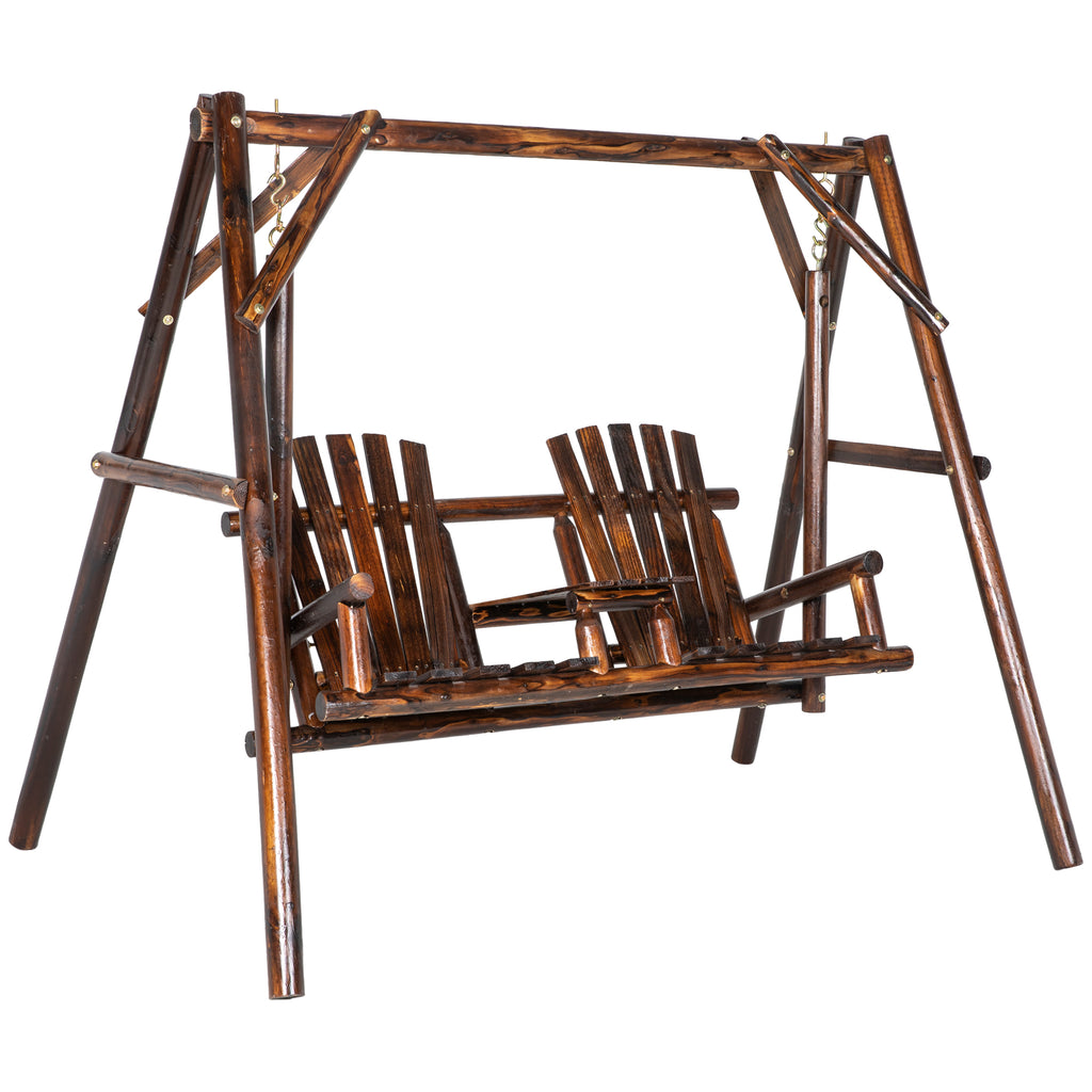 Wooden Porch Swing with Stand, 2-Seat Patio Swing Chair with Center Table, for Garden, Poolside, Backyard