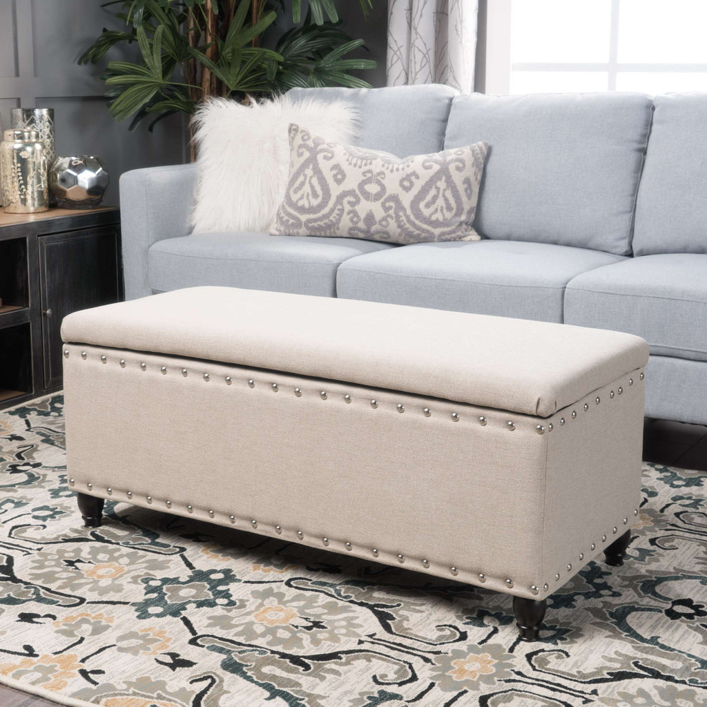 Fabric Storage Ottoman Bench with Solid Wood Construction, Versatile Seating and Storage, 42" L x 18.25" W x 18.25" H, Wheat