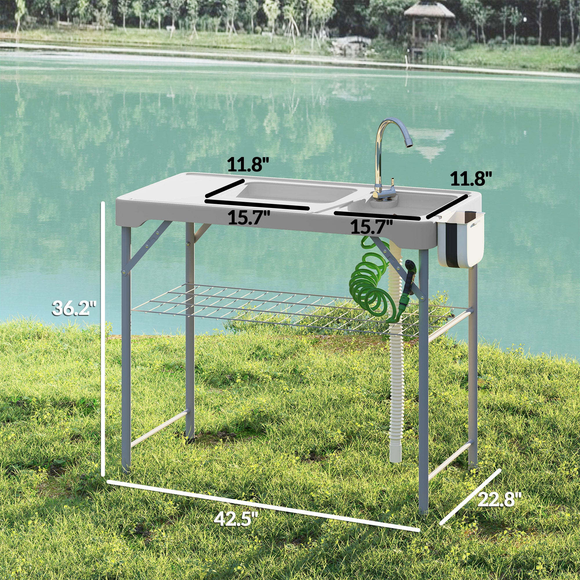 Folding Fish Cleaning Table with Sinks, Portable Camping Sink Table with Faucet, Drainage Hose, Sprayer, Shelf, Drawer and Storage Basket, Outdoor Fillet Table for Picnic Beach Patio, Gray
