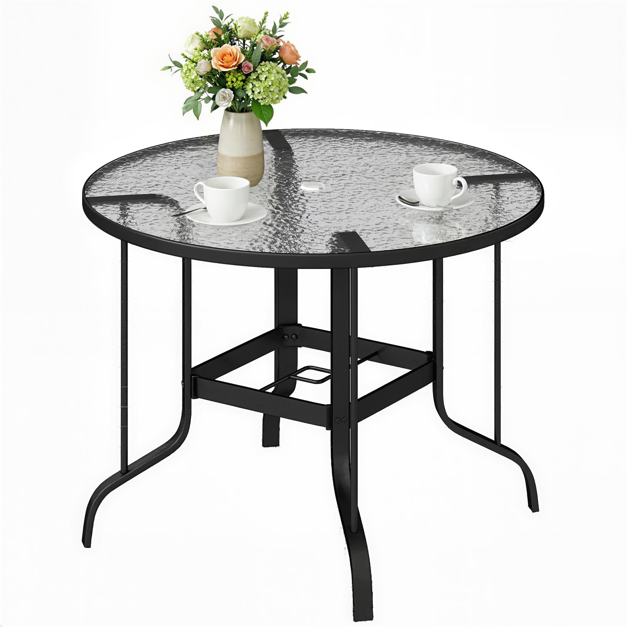 38" Round Patio Table with Umbrella Hole, Tempered Glass Outdoor Dining Table, Black