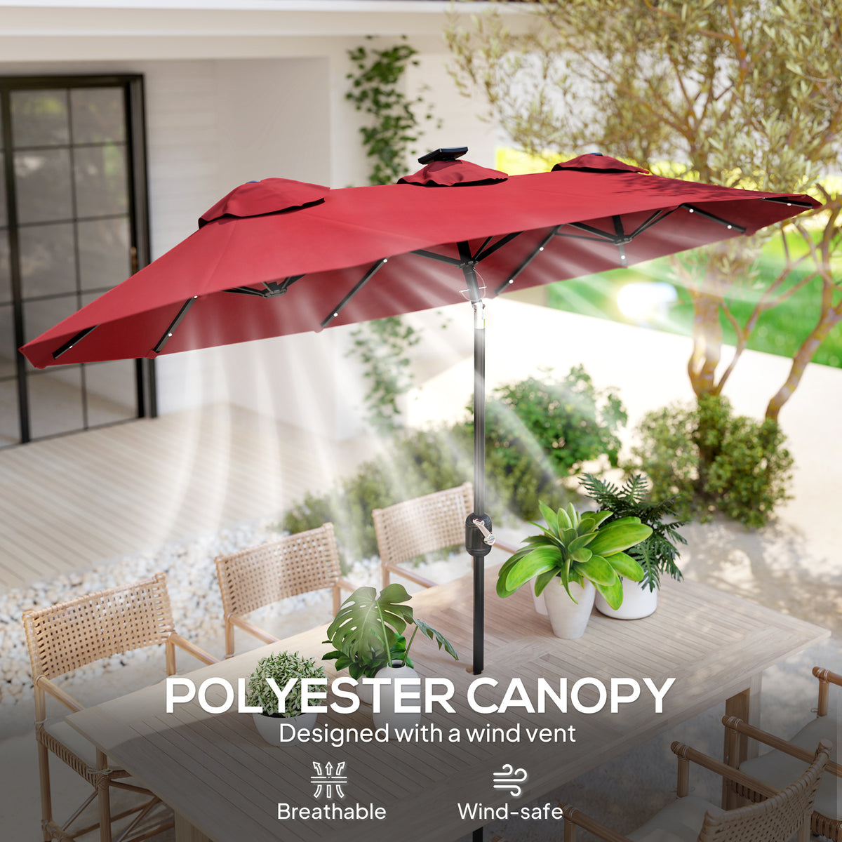Double-sided Patio Umbrella, 9.7' Outdoor Umbrella with Tilt and Crank, LED Solar Light and 12 Ribs, Wine Red