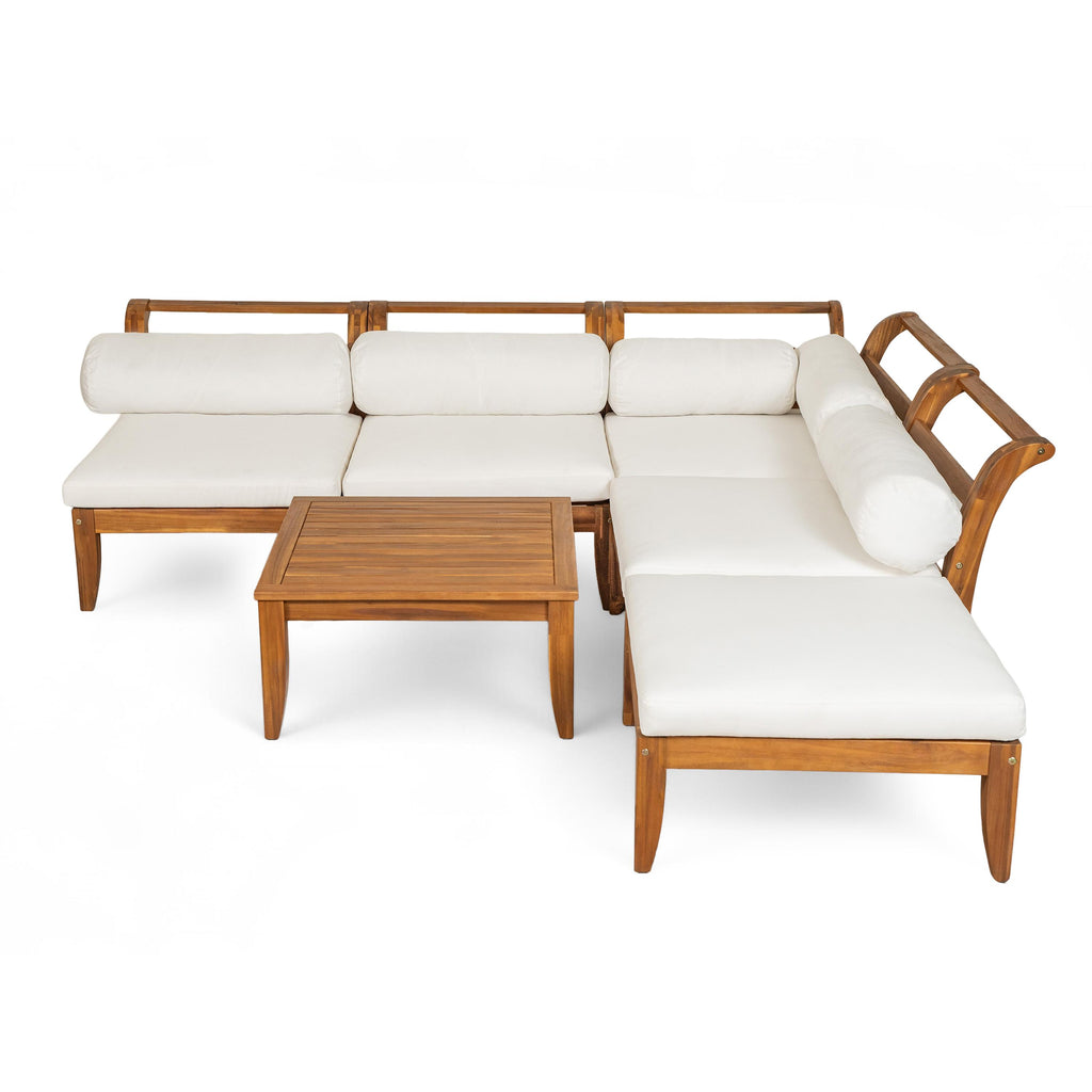 6 Piece Patio Sofa Set with Tea Table & Ottoman for Garden, Modular Sectional with 5 Thick Cushion, 30" L x 27.5" W x 16" H, Teak+Beige