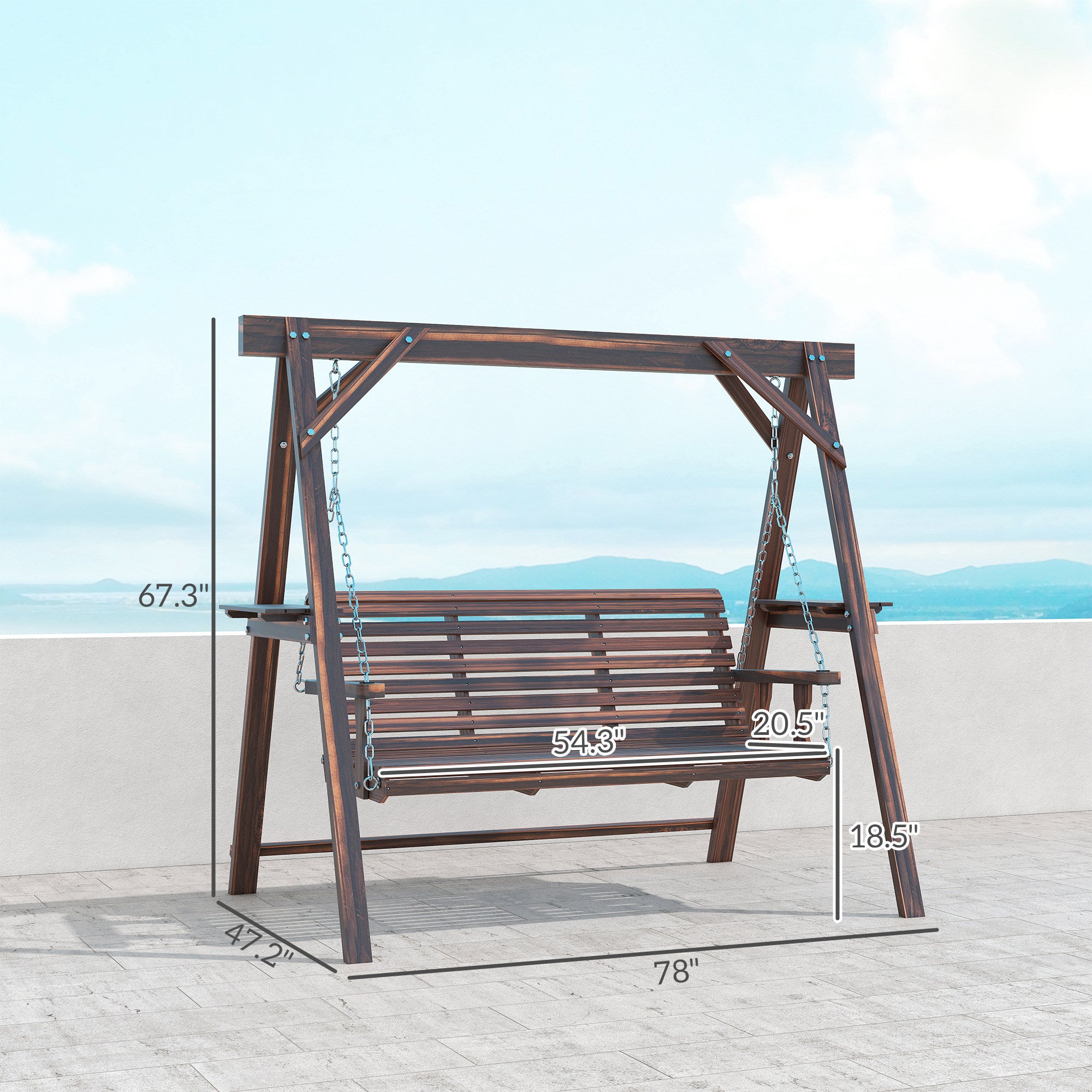 3 Seat Wooden Porch Swing with Stand, Patio Swing with Side Tables, for Garden, Poolside, Backyard, Carbonized Brown