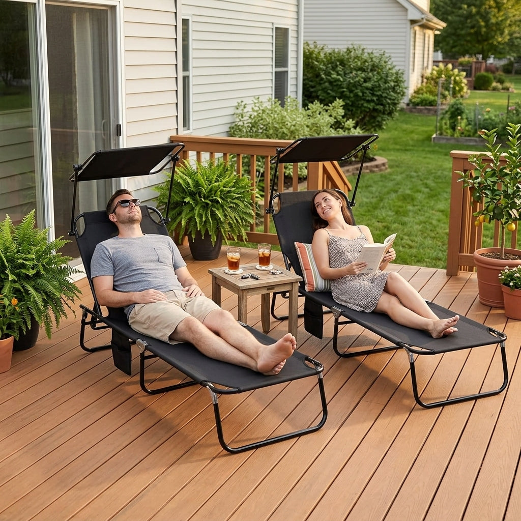 Chaise Pool Lounge Chairs Set of 2, Outdoor Sun Tanning Chairs, Reclining Back, Steel Frame and Side Pocket, Black