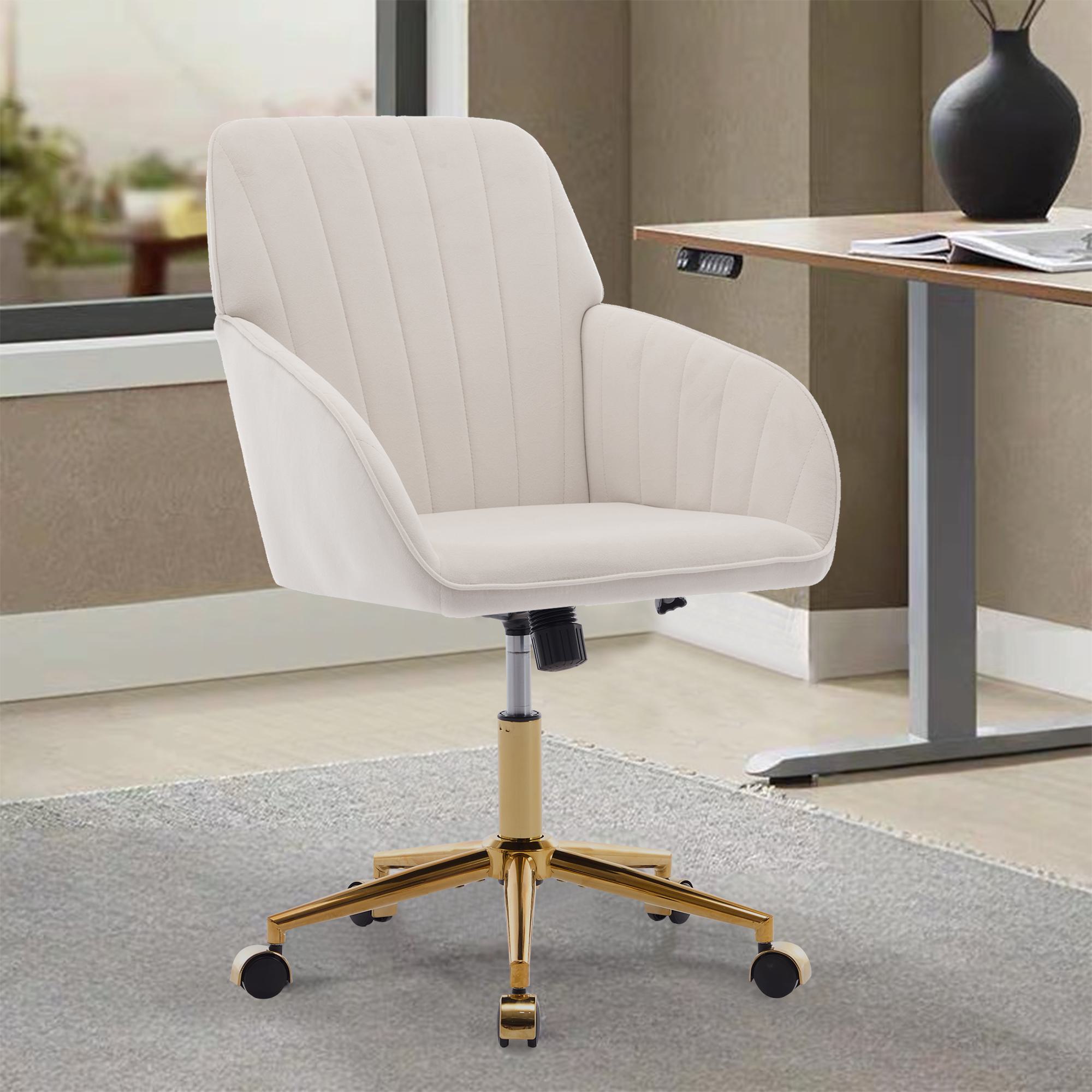 Adjustable Ergonomic Swivel Chair with Velvet Cushion and Lumbar Support, Office Chair with Golden Base, 25" L x 23" W x 38" H, Beige