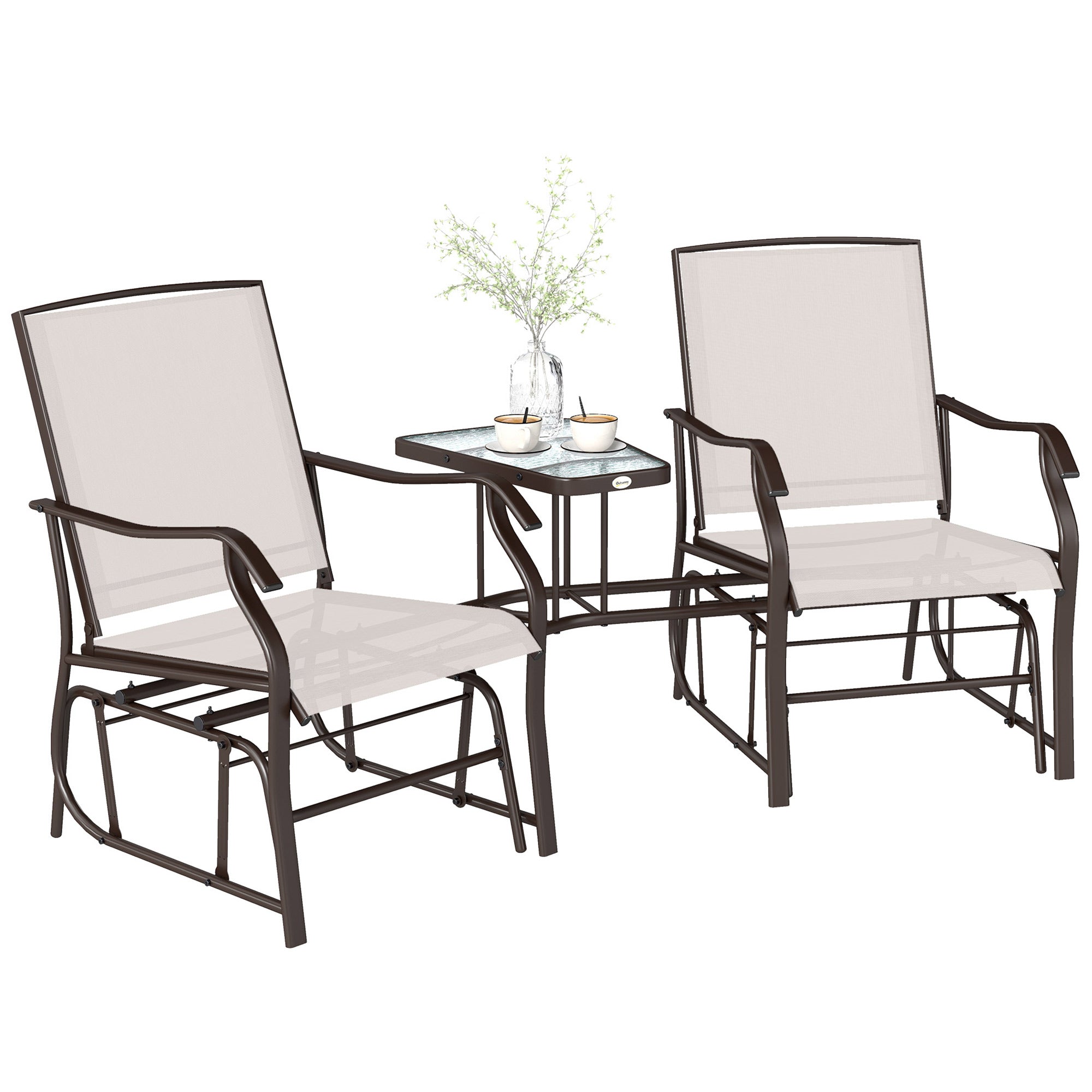 Outdoor Glider Chairs with Coffee Table, Patio 2-Seat Rocking Chair Swing Loveseat with Breathable Sling for Backyard, Garden, and Porch, Beige