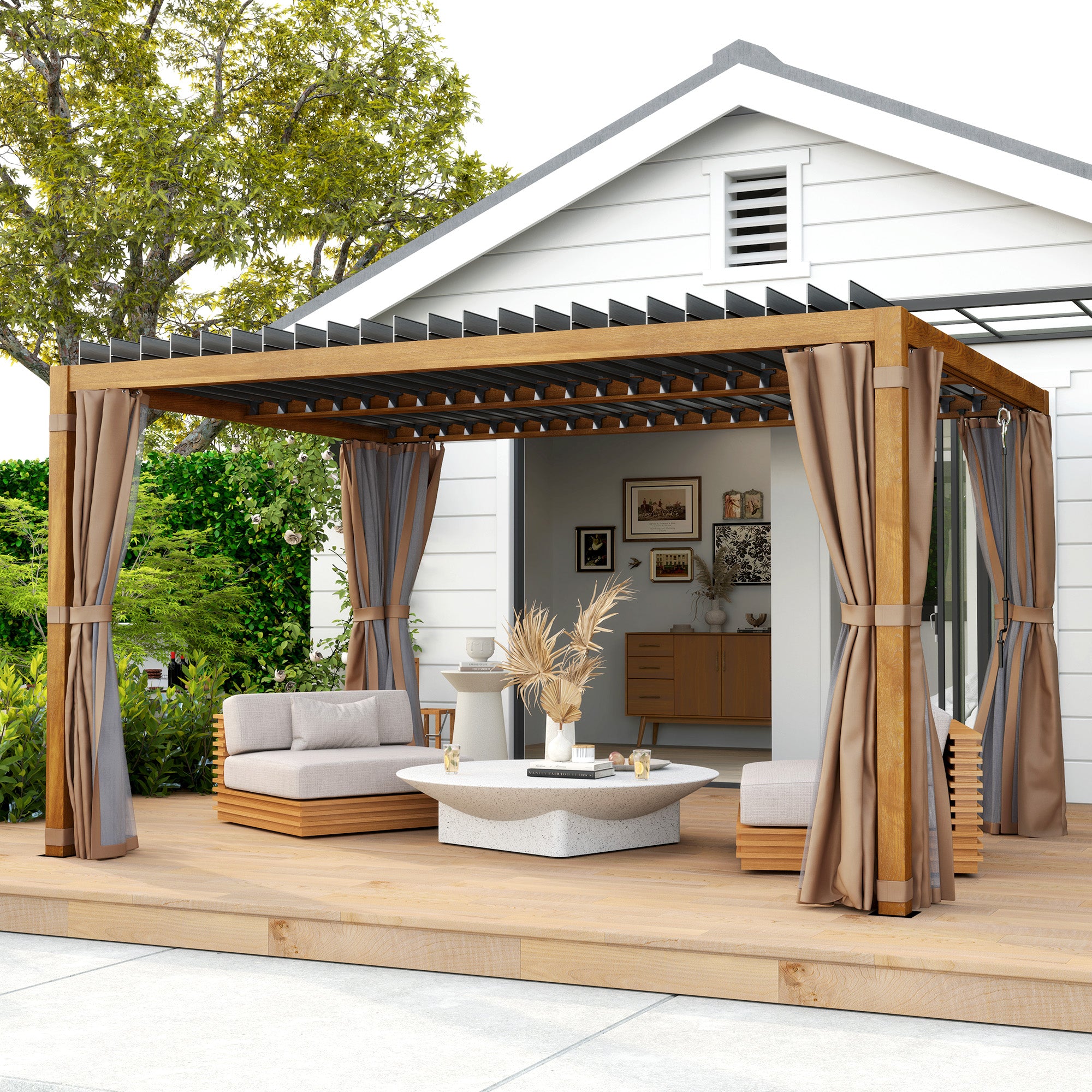 10' x 13' Outdoor Retractable Pergola w/ Sun Shade Louvered Top, Pergola w/ Canopy, Curtains, Netting, Natural Wood