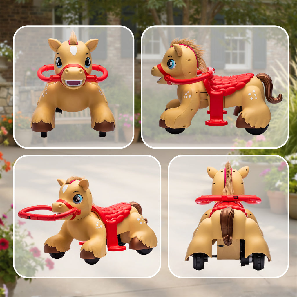 Ride On Horse Toy, 12V Battery Powered Ride on Toy with Carrot Toy, Comb and Sound, Electric Rocking Horse for Toddlers