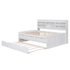 Classic Style Full Size Wooden Captain Bed with Built-in Bookshelves, 3 Storage Drawers, and Trundle, 79" L x 104.5" W x 47" H, White