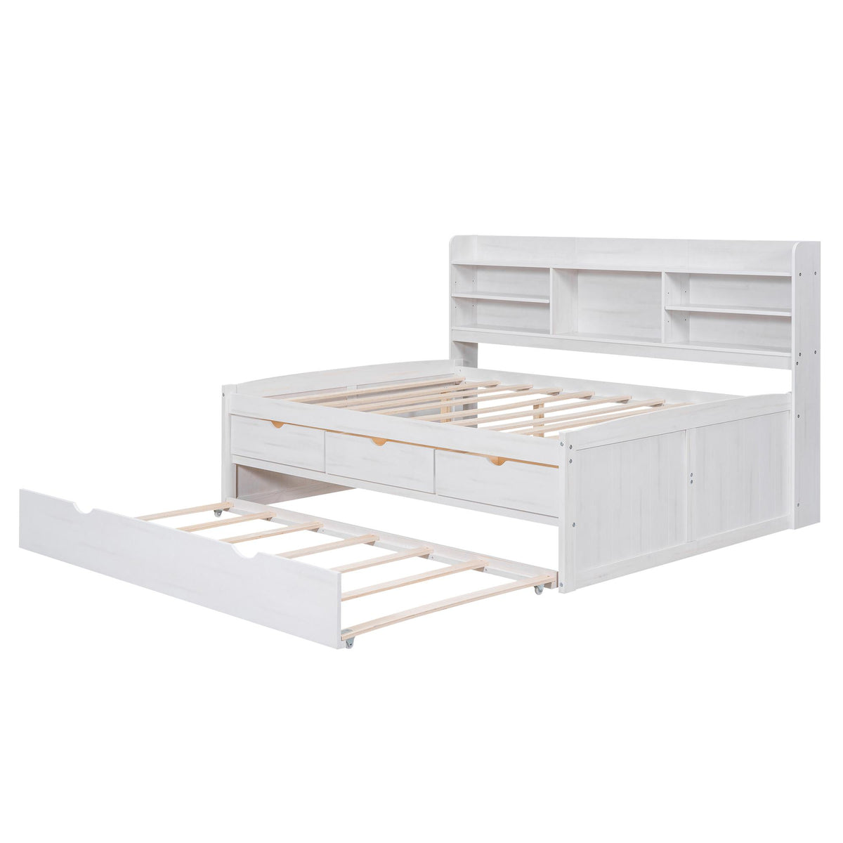 Classic Style Full Size Wooden Captain Bed with Built-in Bookshelves, 3 Storage Drawers, and Trundle, 79" L x 104.5" W x 47" H, White