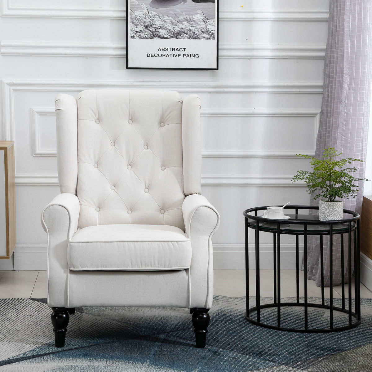 Button-Tufted Accent Chair with High Wingback, Rounded Cushioned Armrests and Thick Padded Seat, Set of 2, Cream White