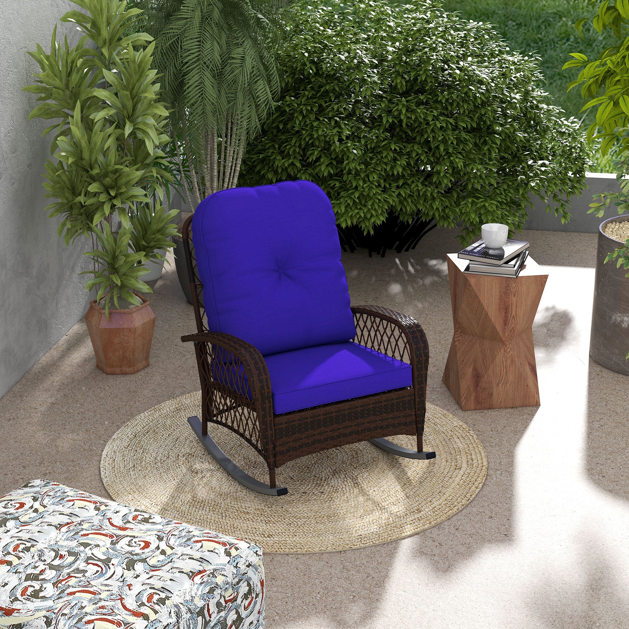 Rattan Porch Rocker w/ Plush Cushion, Dark Blue