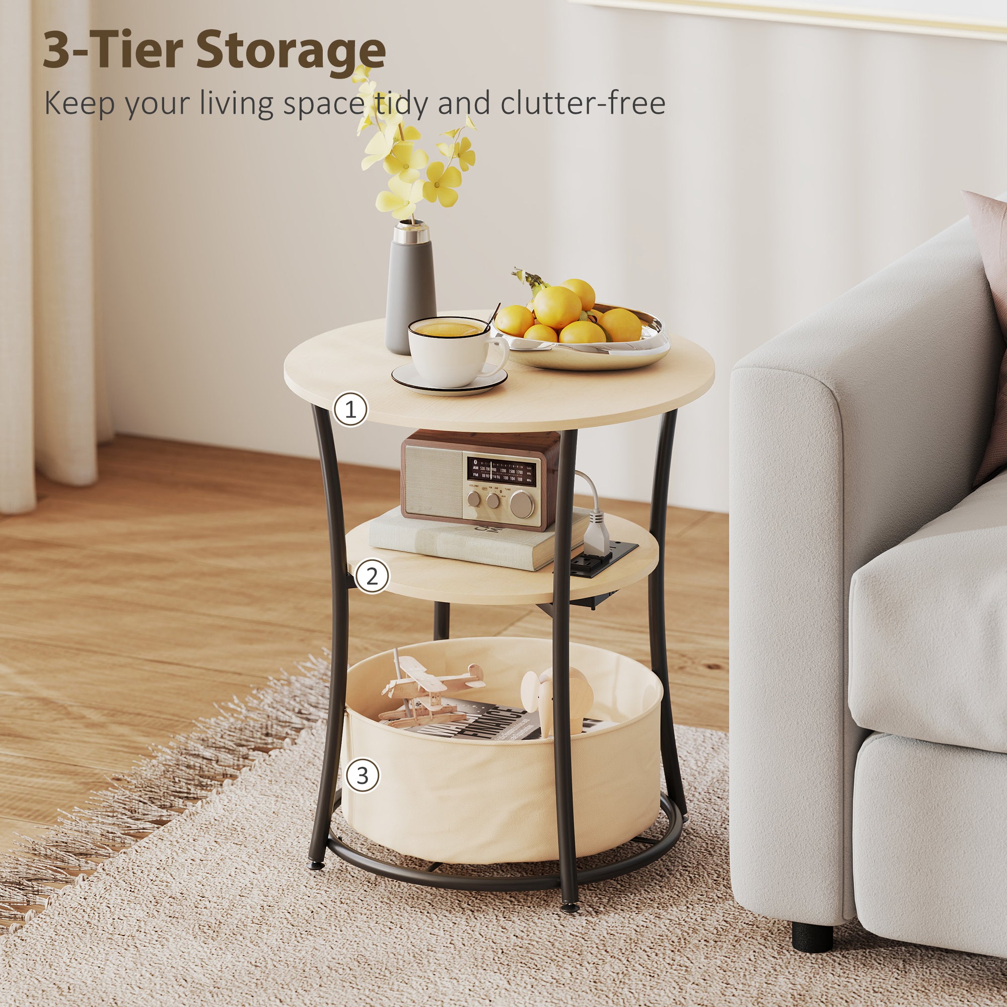 Round Side Table with Charging Station, 3-Tier End Table with Fabric Storage Bag and Shelf, Natural Wood