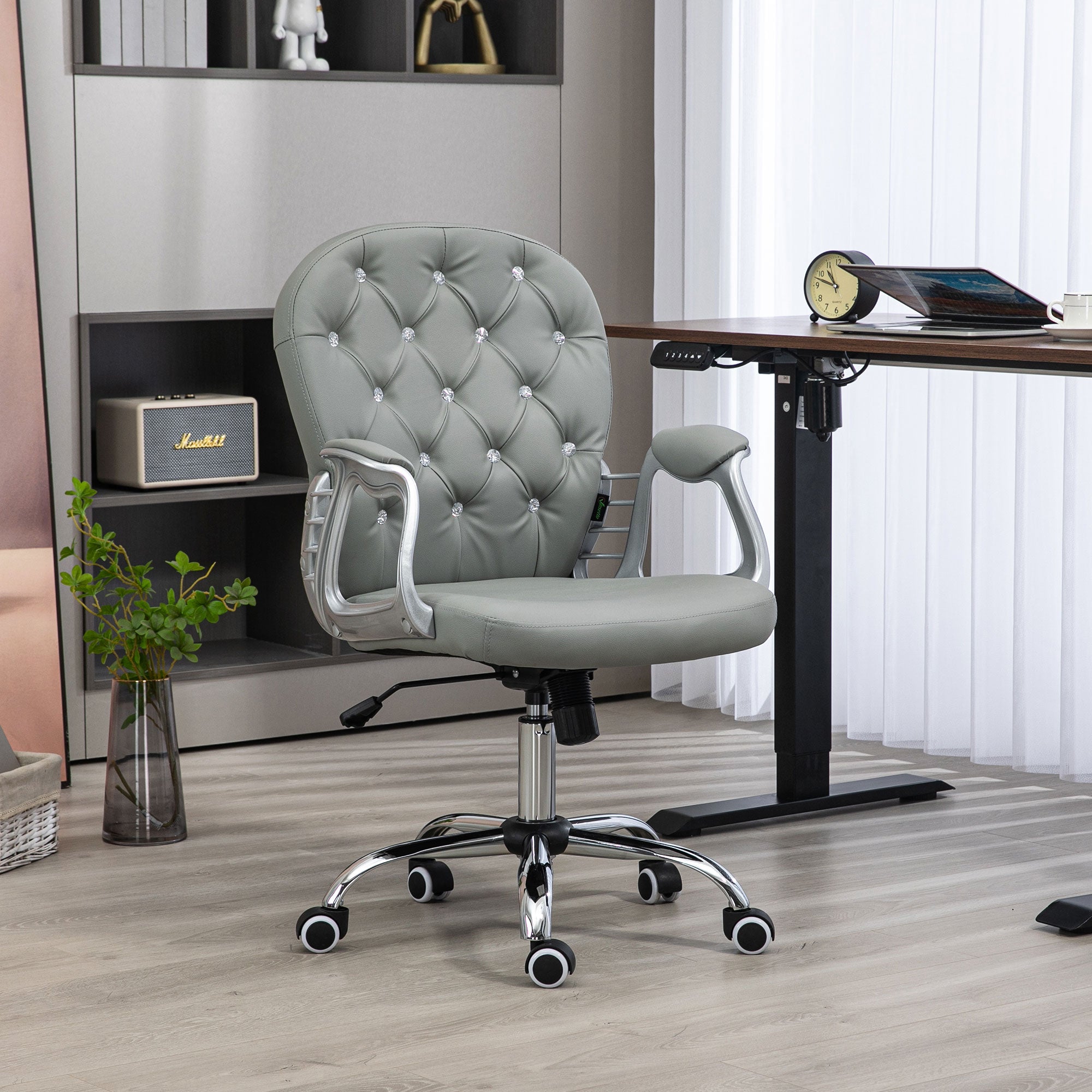 Button Tufted Desk Chair, Home Office Chair with Padded Armrests, Adjustable Height and Swivel Wheels, Gray