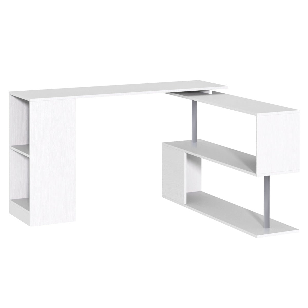 55" 360° Rotating Corner Computer Desk Modern L-Shaped Home Office Workstation with 3-Tier Storage Shelves, Bookshelf, White