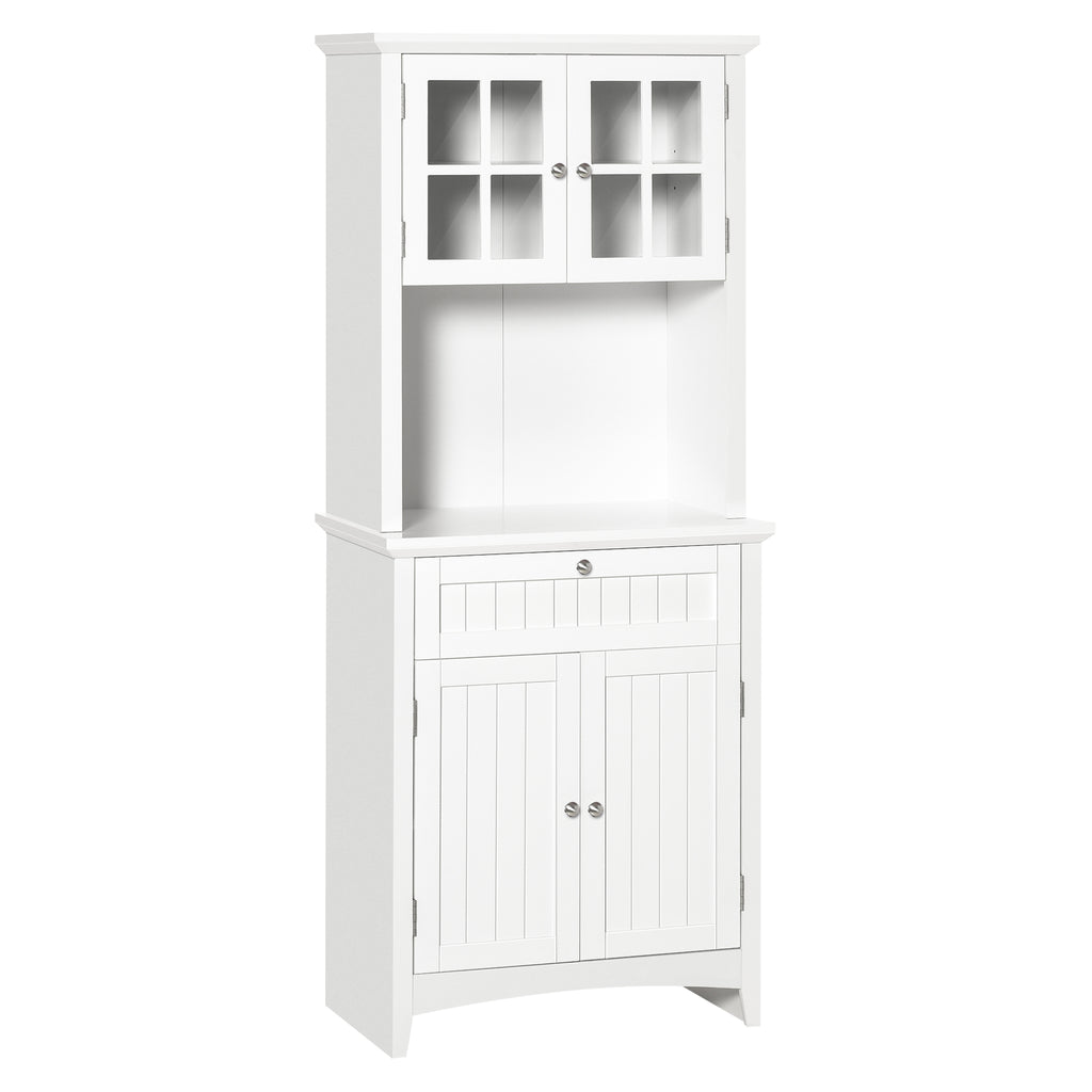 Kitchen Buffet Hutch Cabinet, Freestanding Kitchen Pantry Storage Cabinet Cupboard with Framed Glass Door, Drawer and Microwave Space, White