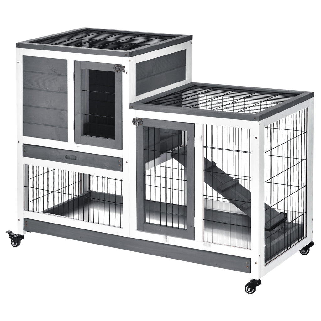 Wooden Rabbit Hutch Elevated Bunny Cage Indoor Small Animal Habitat with Enclosed Run with Wheels, Ramp, Removable Tray for Rabbits, Chickens, Ducks, Guinea Pigs, Gray