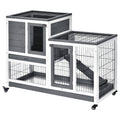 Wooden Rabbit Hutch Elevated Bunny Cage Indoor Small Animal Habitat with Enclosed Run with Wheels, Ramp, Removable Tray for Rabbits, Chickens, Ducks, Guinea Pigs, Gray
