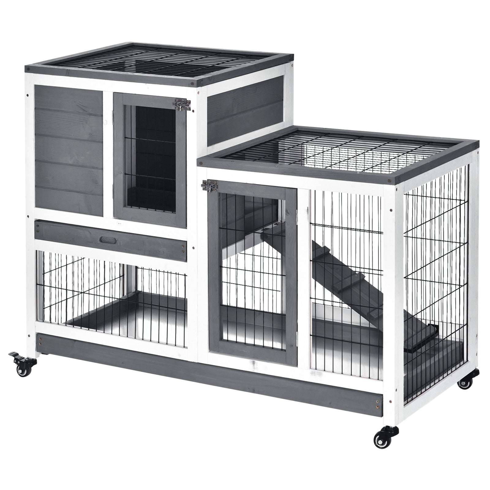 Wooden Rabbit Hutch Elevated Bunny Cage Indoor Small Animal Habitat with Enclosed Run with Wheels, Ramp, Removable Tray for Rabbits, Chickens, Ducks, Guinea Pigs, Gray