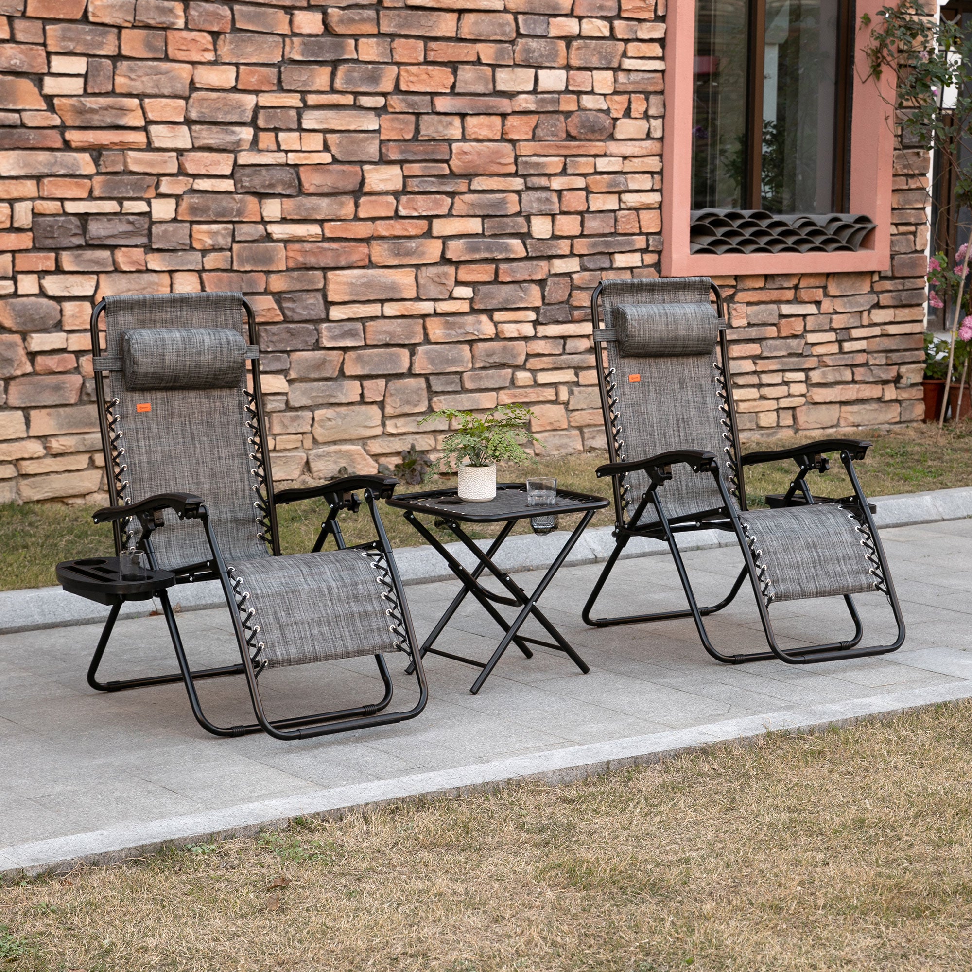 Zero Gravity Chair Set with Side Table, Folding Reclining Chair with Cupholders & Pillows, Adjustable Lounge Chairs for Pool, Backyard, Lawn, Beach, Gray