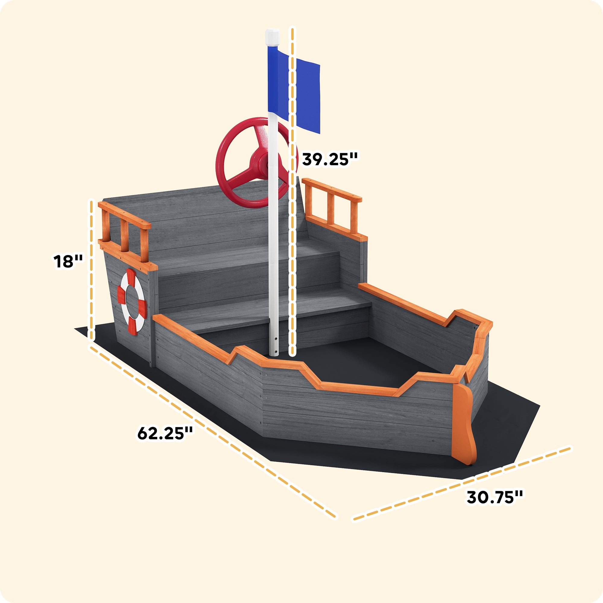 Kids Wooden Sandbox Pirate Ship Sandboat w/ Bench Seat Storage Space Ceder Wood, Gray