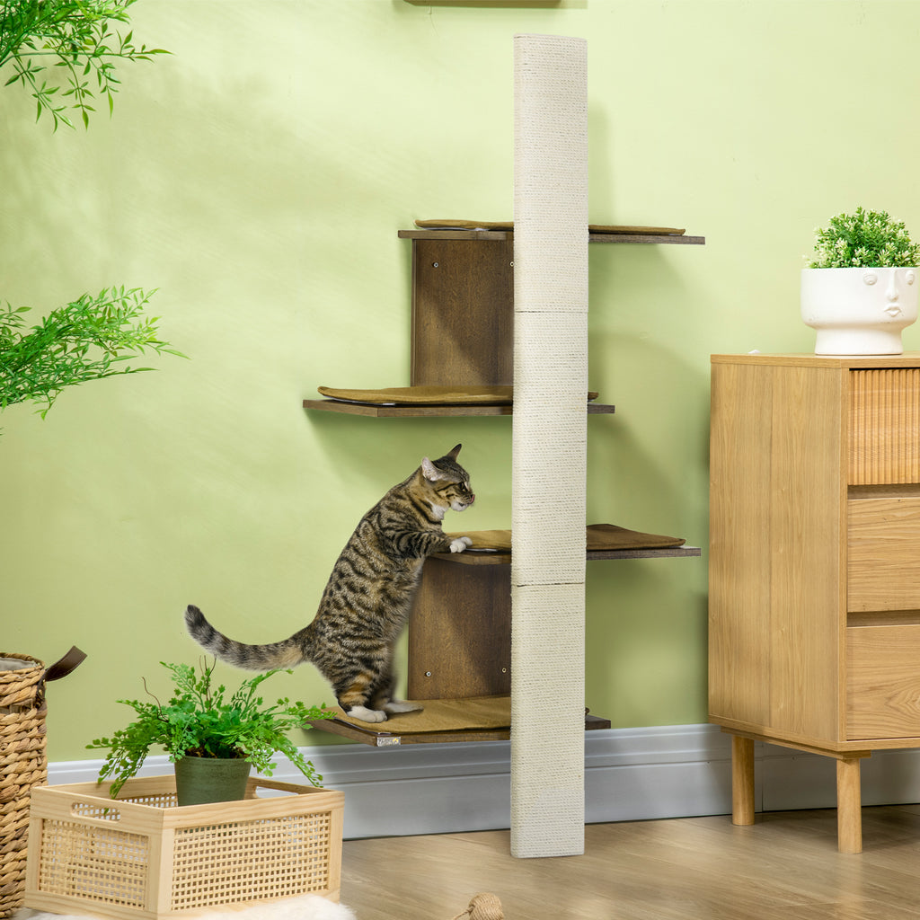 Wall-Mounted Cat Tree, 4-Layer Cat Wall Shelves Furniture with Scratching Board, Kitten Activity Center with Cushions, Natural