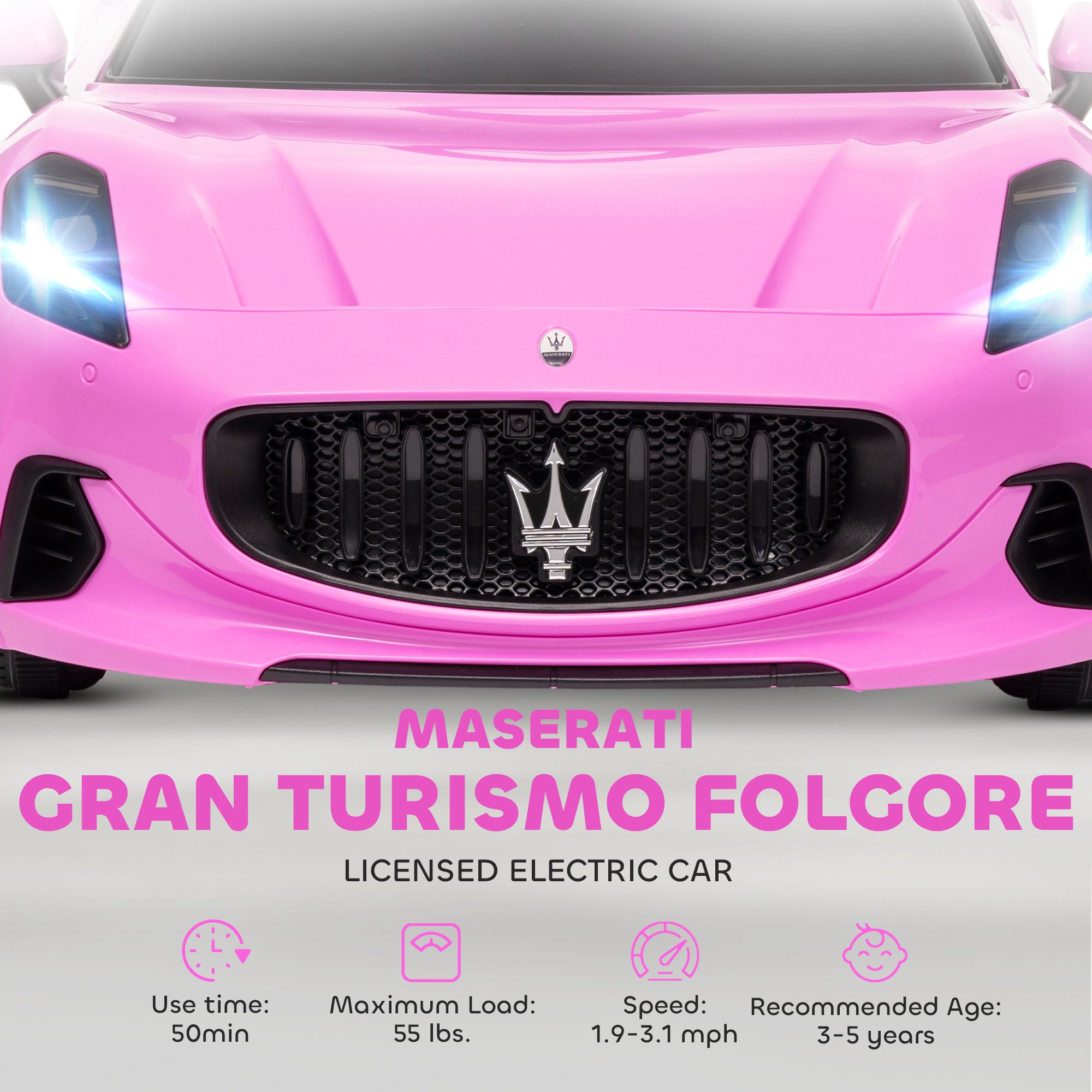 Gran Turismo Licensed 12V Kids Electric Car w/ Remote Control, Soft Start, LED Lights, Music, Horn, Pink