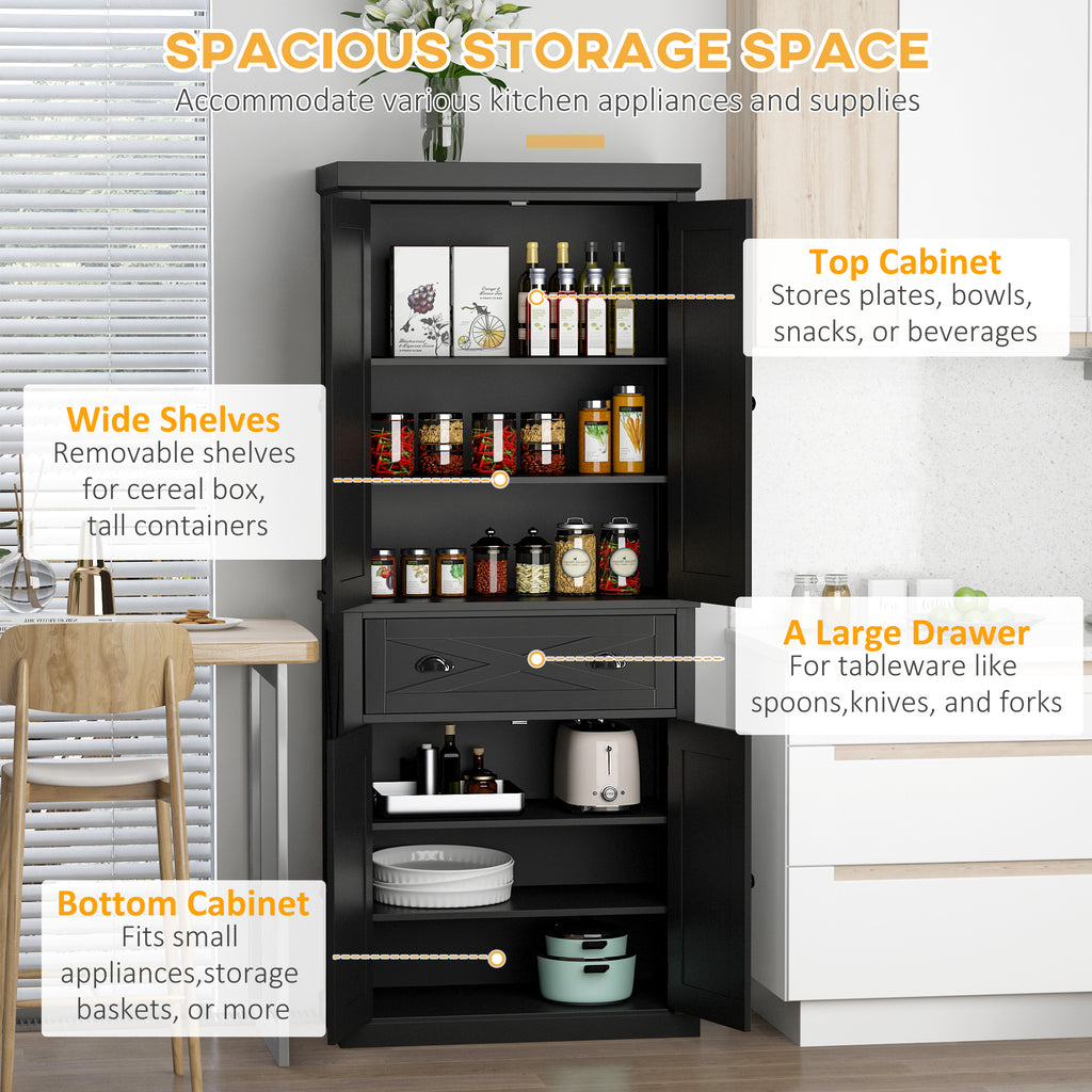 72" Kitchen Pantry Storage Cabinet, Traditional Freestanding Pantry Cabinet with 4 Doors and 2 Adjustable Shelves, Large Central Drawer, X-Frame, Black