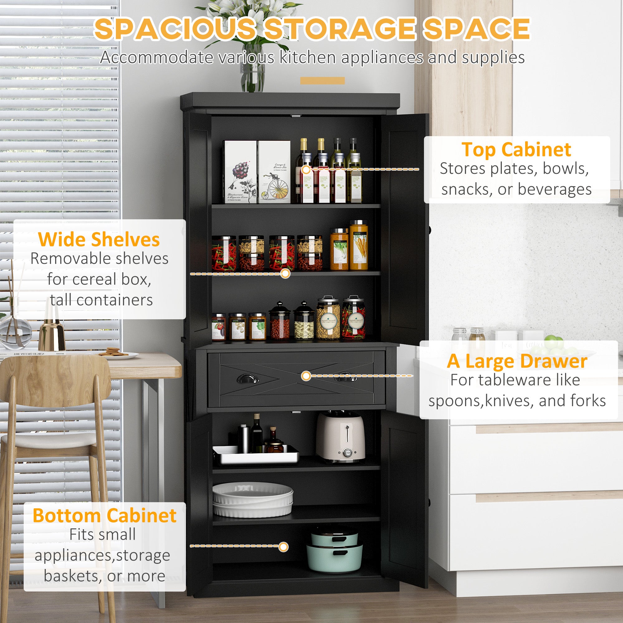 72" Kitchen Pantry Storage Cabinet, Traditional Freestanding Pantry Cabinet with 4 Doors and 2 Adjustable Shelves, Large Central Drawer, X-Frame, Black