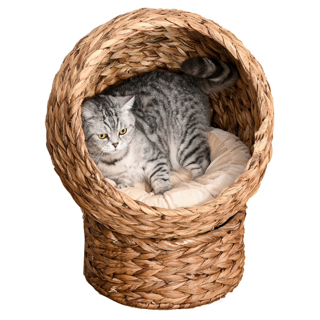 Handwoven Elevated Cat Bed with Soft Cushion & Egg Chair Shape, Basket Bed Kitty House with Stand, Raised Wicker House for Indoor Cats, 23.5" H, Light Brown
