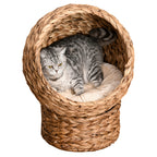 Handwoven Elevated Cat Bed with Soft Cushion & Egg Chair Shape, Basket Bed Kitty House with Stand, Raised Wicker House for Indoor Cats, 23.5" H, Light Brown