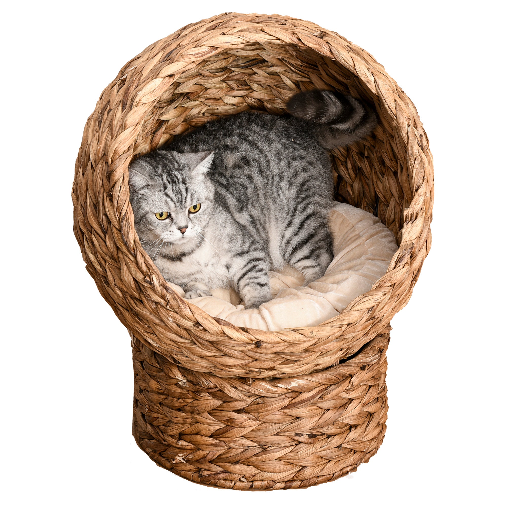 Handwoven Elevated Cat Bed with Soft Cushion & Egg Chair Shape, Basket Bed Kitty House with Stand, Raised Wicker House for Indoor Cats, 23.5" H, Light Brown