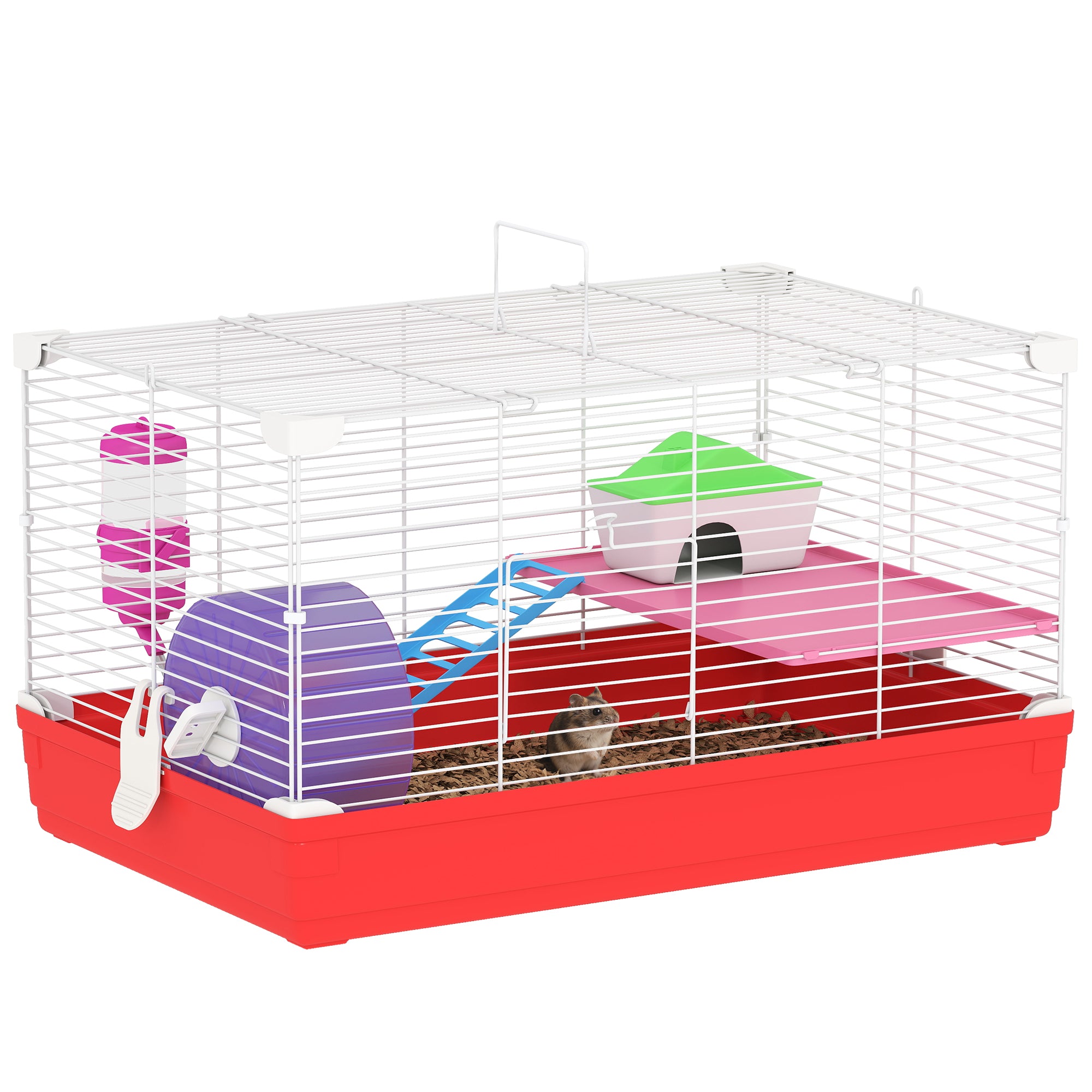 18.5" Hamster Cage with Exercise Wheel and Water Bottle, Dish, Rat House and Habitat 2-Story Design, Red