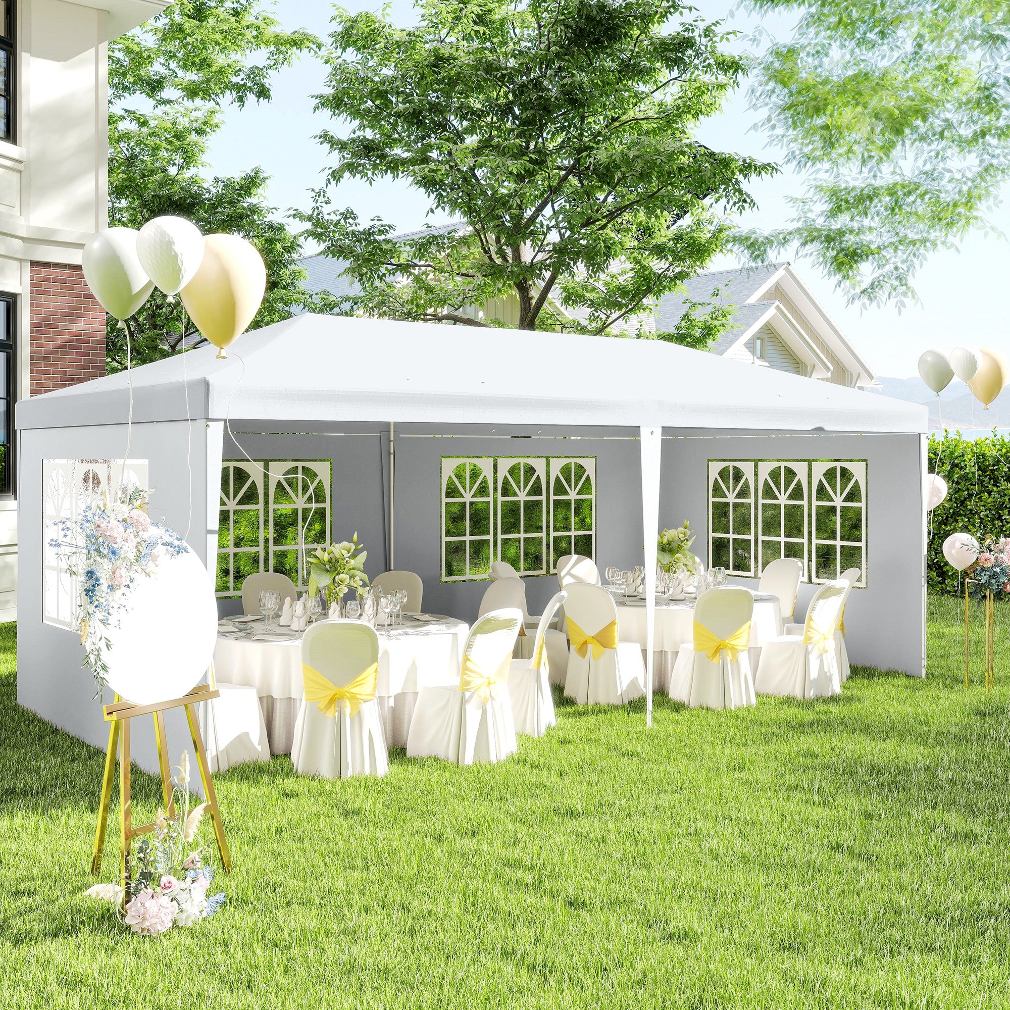 Large 20' x 10' Gazebo Canopy Party Tent with 4 Removable Window Side Walls, Outdoor Events - White