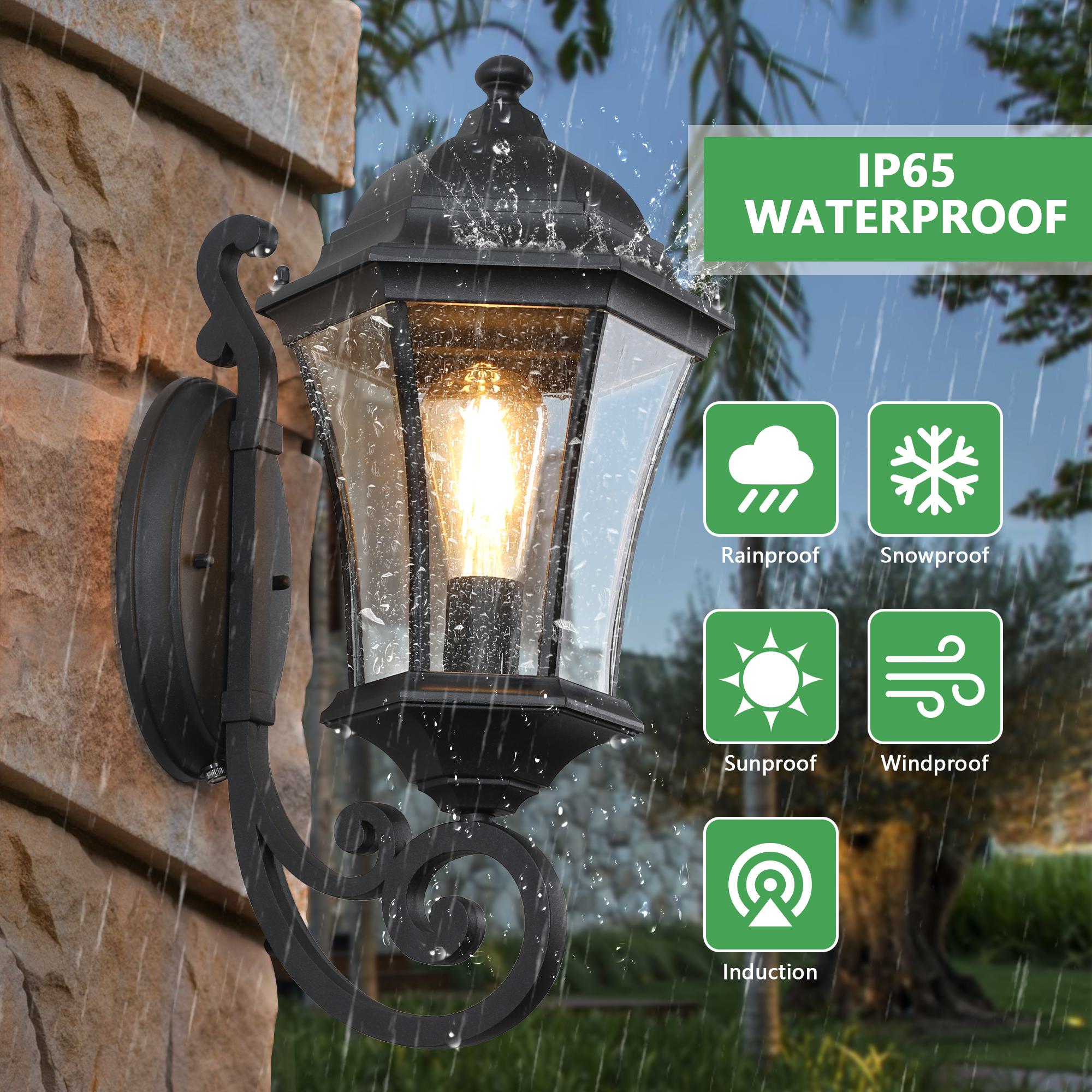 Vintage Wall-Mounted Outdoor Lantern Light with Weather-Resistant, Aluminum Sconce for Porch, Patio, 11" L x 9.5" W x 19.5" H, Black