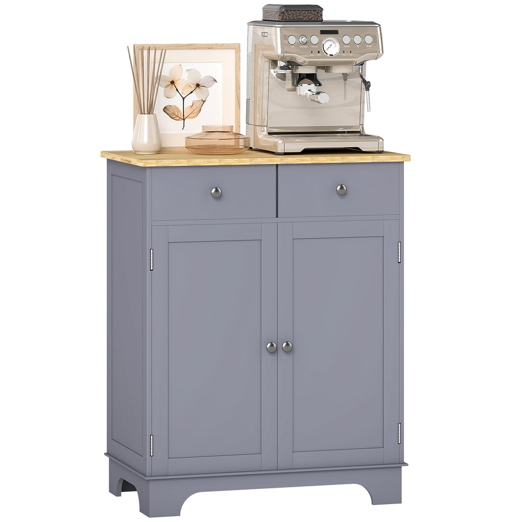 Kitchen Storage Cabinet, Sideboard Floor Cupboard with Solid Wood Top, Adjustable Shelf, and 2 Drawers, Gray
