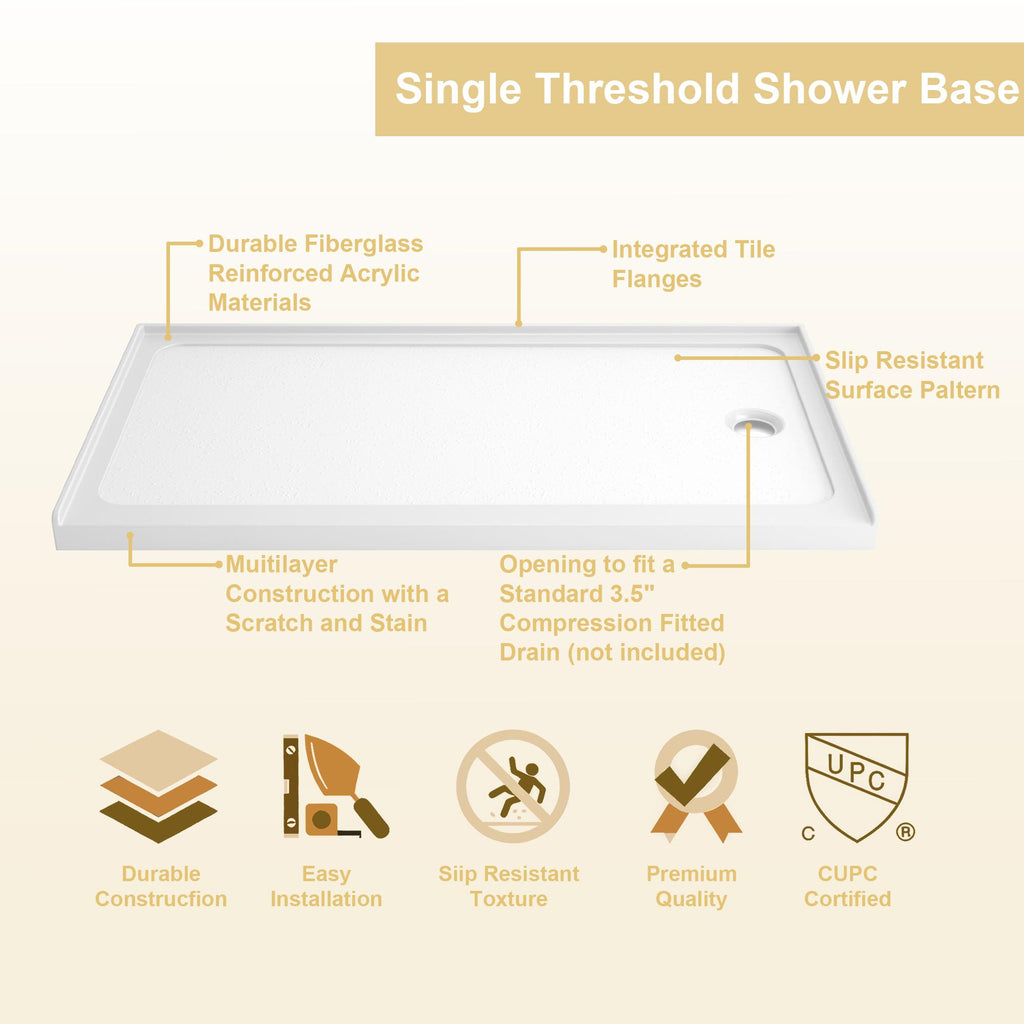 32" x 60" Shower Base with Durable Non-Flex Construction, Acrylic 3-Wall Alcove Shower Pan with Right Drain, 60" L x 32" W x 3" H, Gloss White
