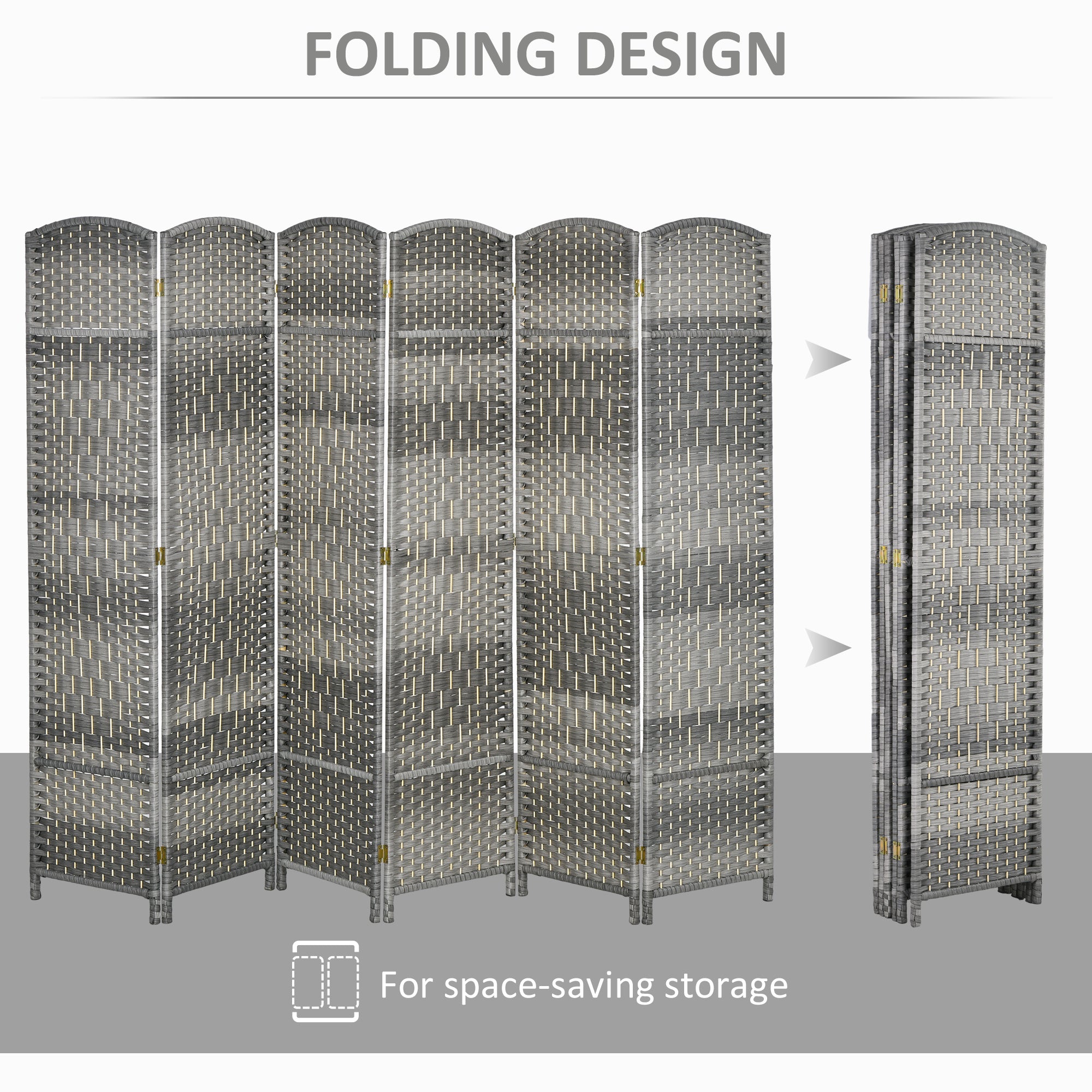 Folding Room Divider Screen 6 Panel 6' Tall Privacy Screen Freestanding Wood Partition for Home Office, Mixed Gray