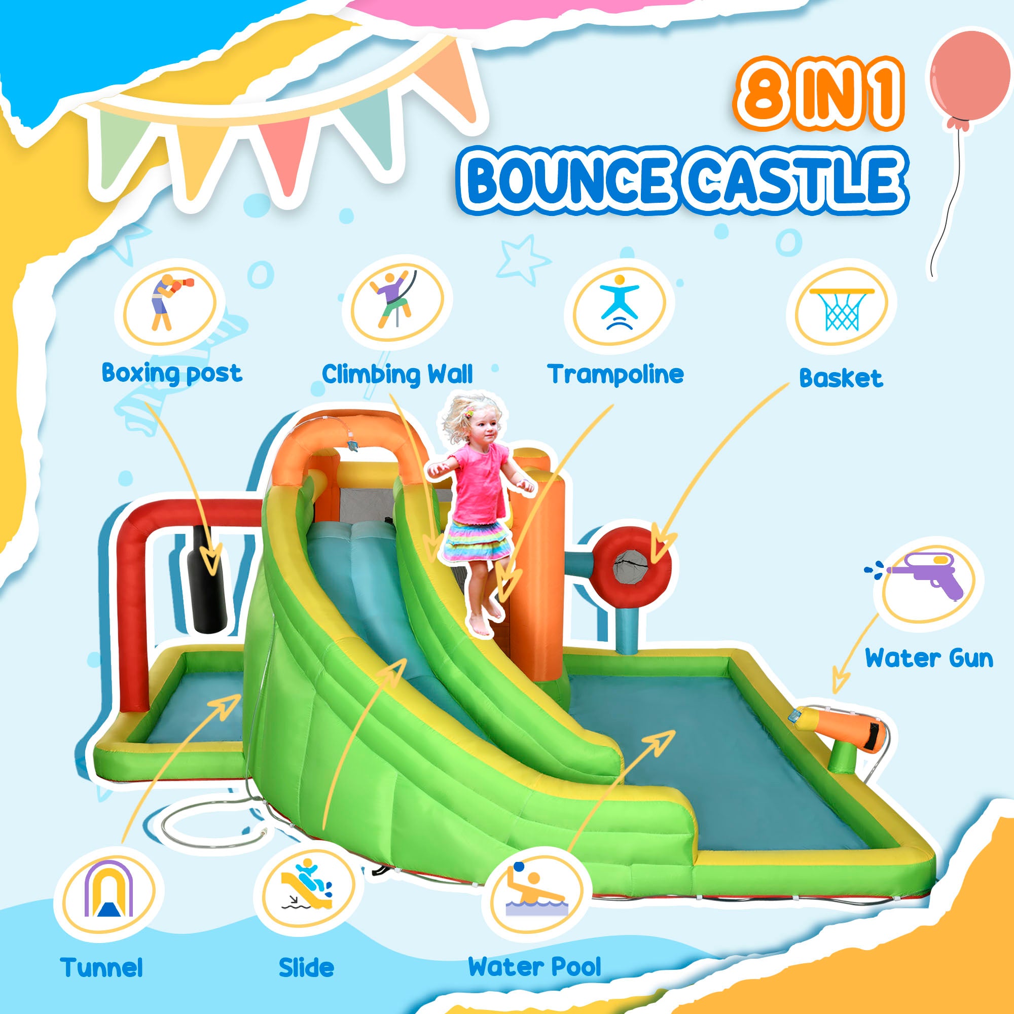 7-in-1 Inflatable Water Slide, Kids Castle Bounce House Includes Slide, Boxing Post, Tunnel Repair Patches