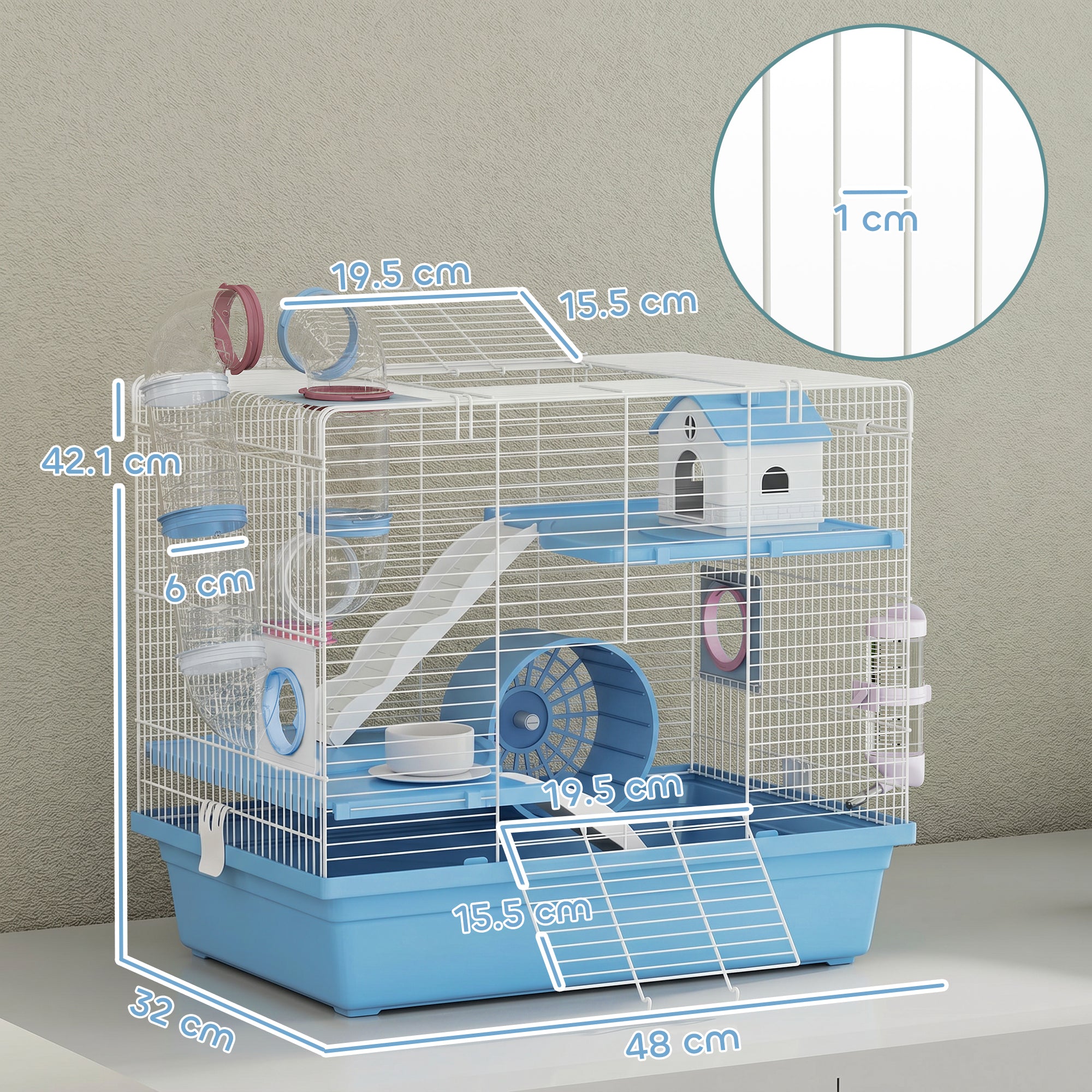 Hamster Cage, 3-Tier Small Animal Cage with Exercise Wheel, Food Bowl, Water Bottle, House, Tunnels, Ramps