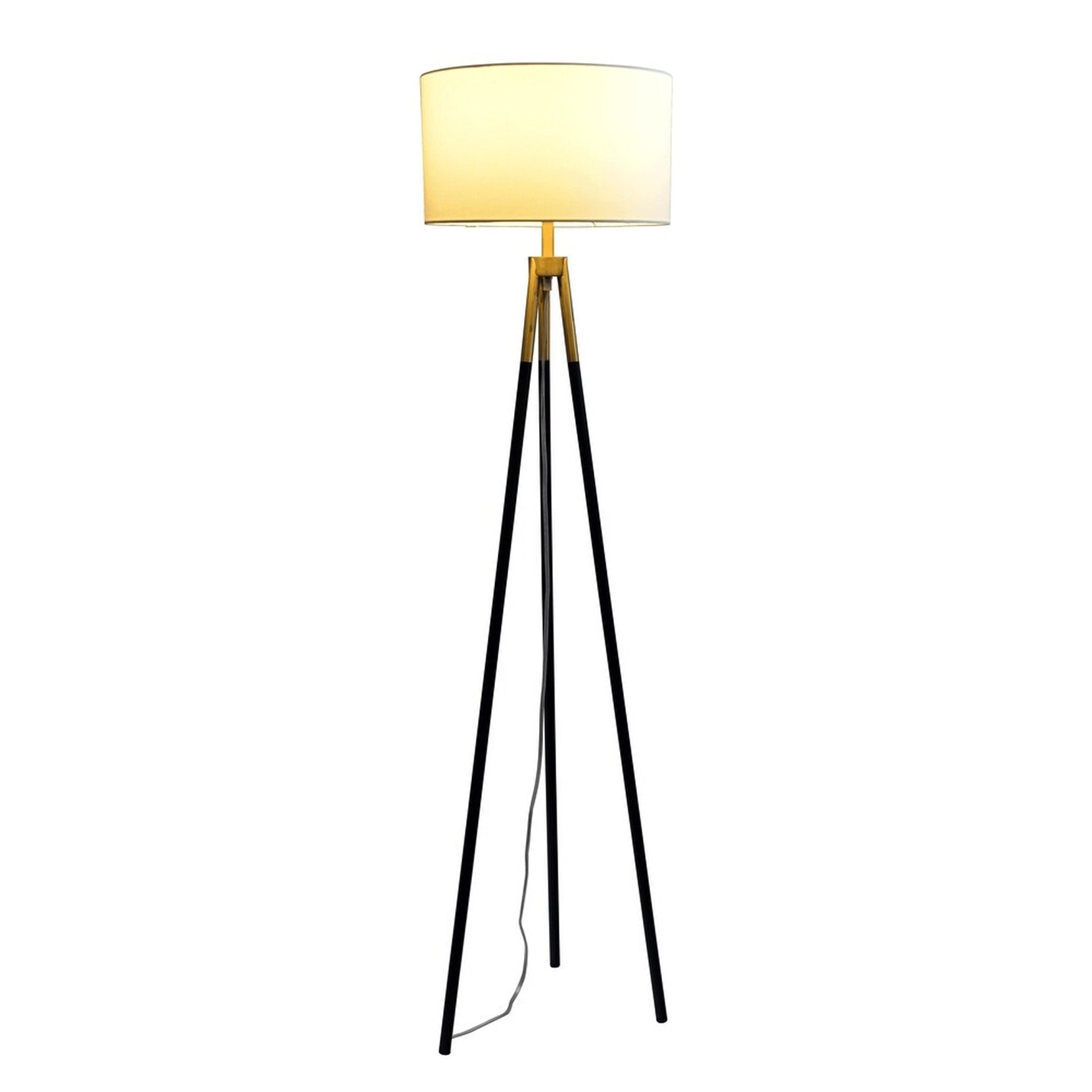 Elegant Brassed Floor Lamp with On/Off Switch, Triple Legs, Fabric Shade, Ideal for Home Decor, 15" L x 15" W x 60" H, Black+White