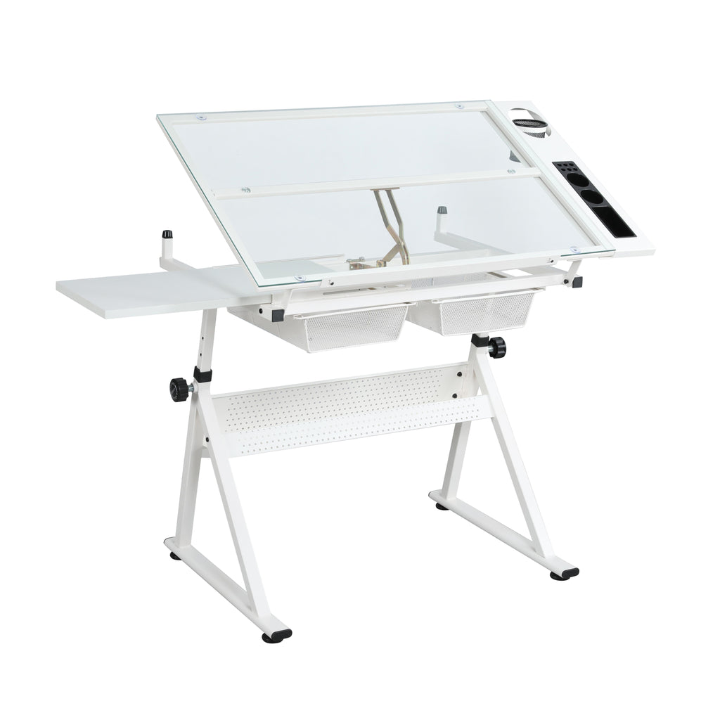 Adjustable Tempered Glass Drafting Table with 2 Metal Drawers, Chair, Powder-Coated Steel Frame Desk for Kids, 40" L x 23.5" W x 27.5" H, White